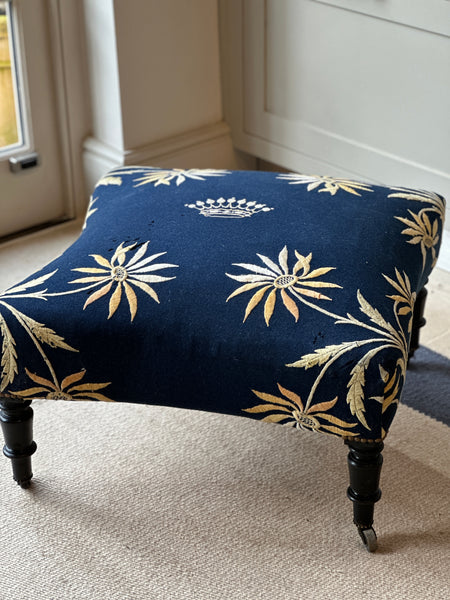 French Ottoman Footstool in navy wool baise