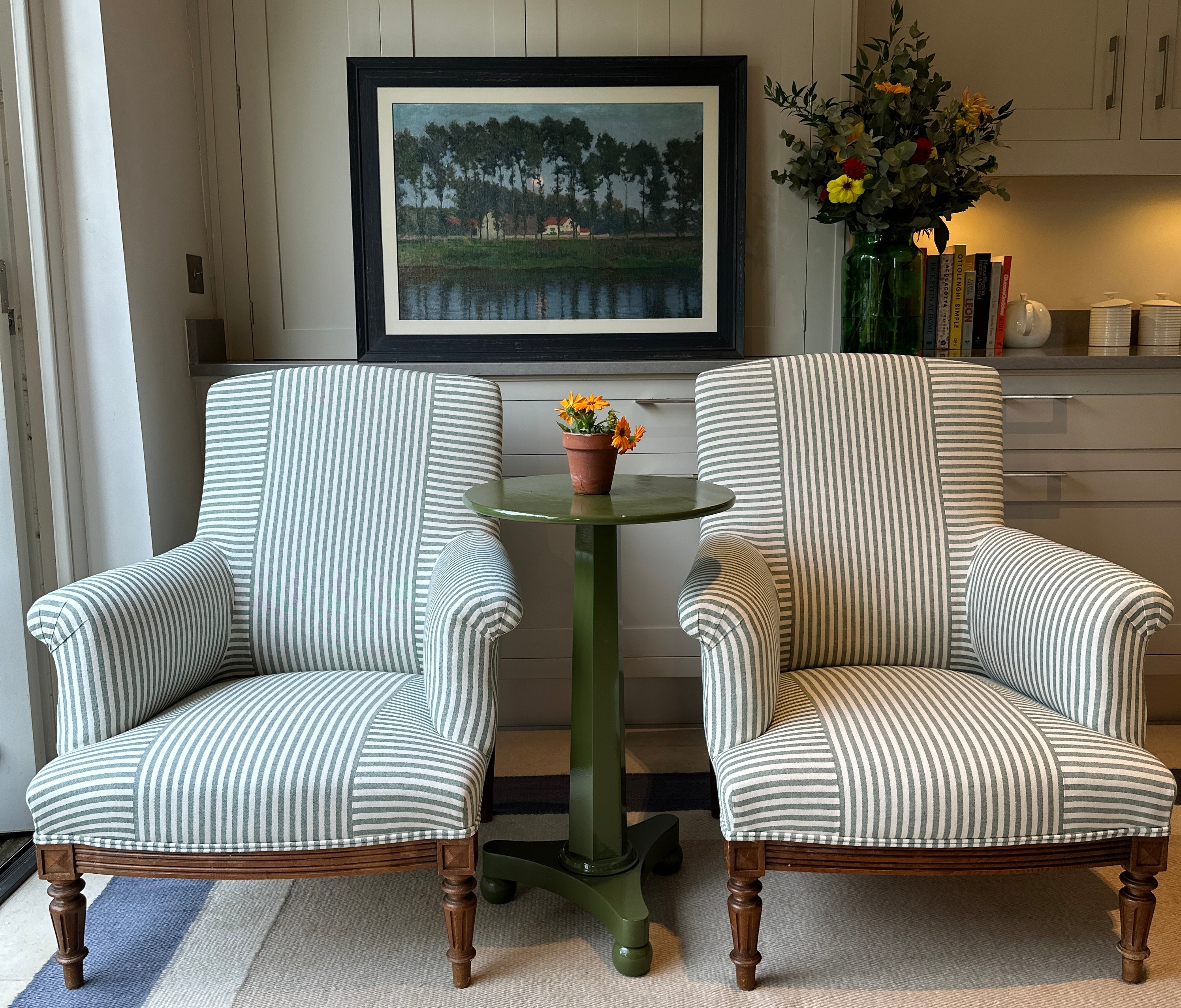 Pair of Napoleon III Chair in Dark Green Ticking