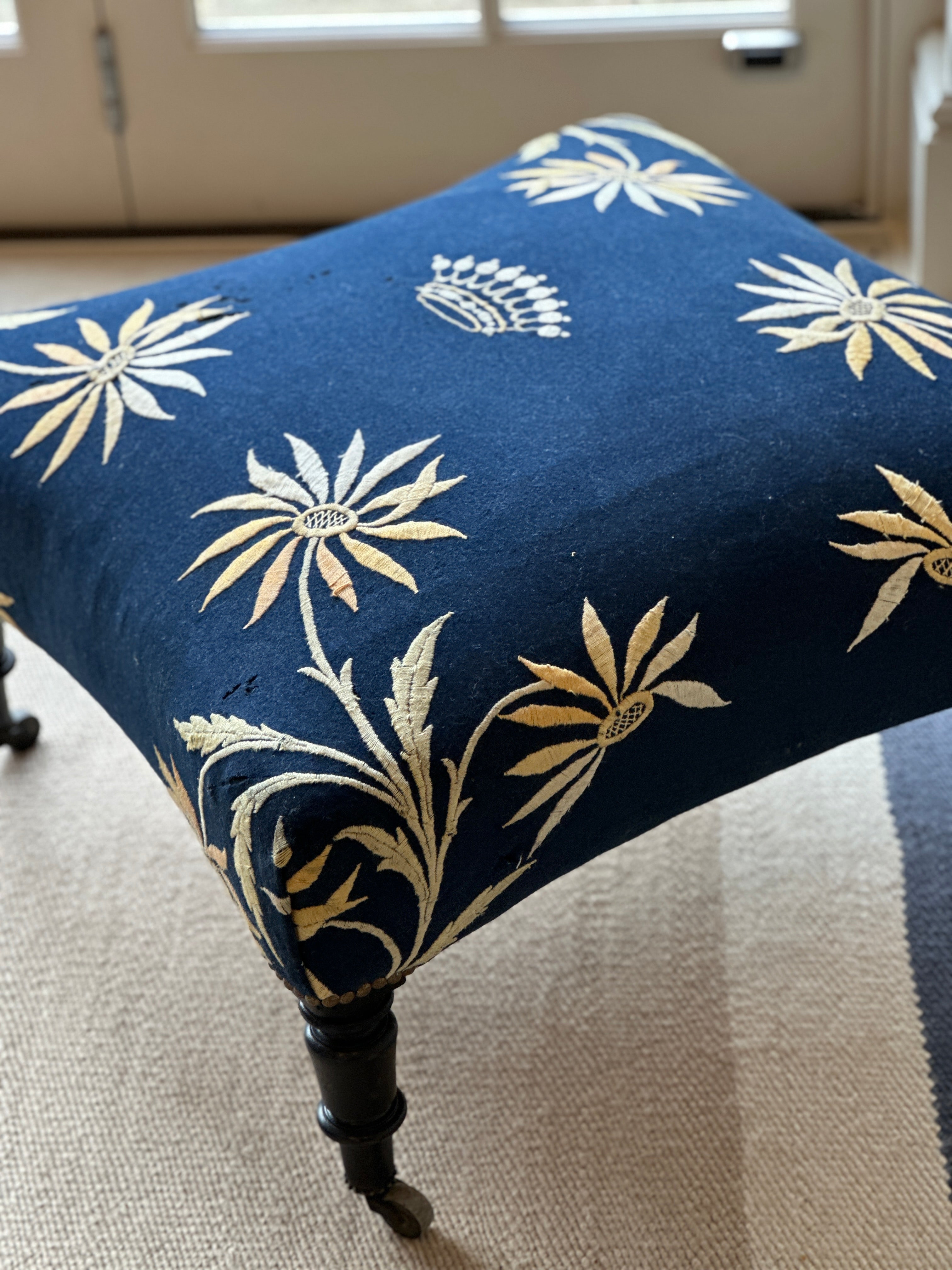 French Ottoman Footstool in navy wool baise