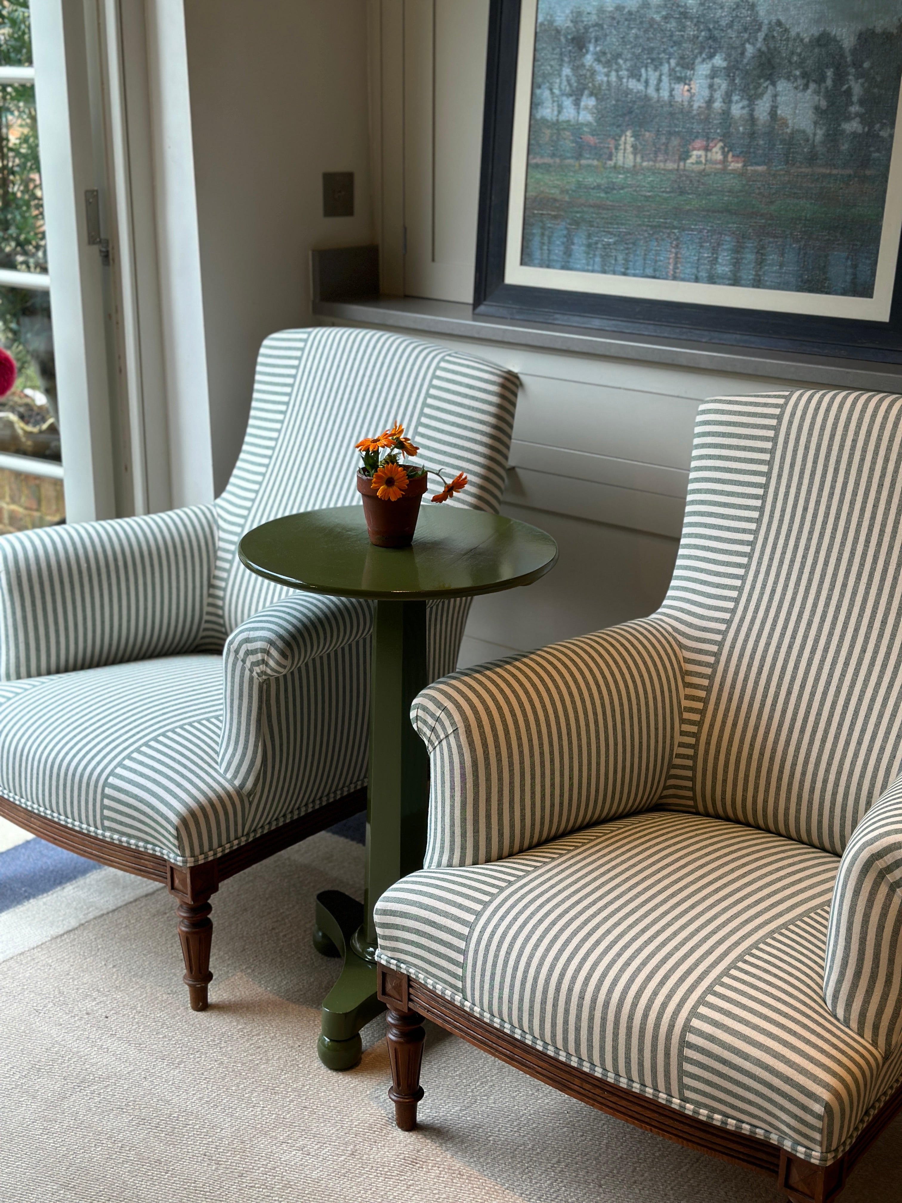 Pair of Napoleon III Chair in Dark Green Ticking