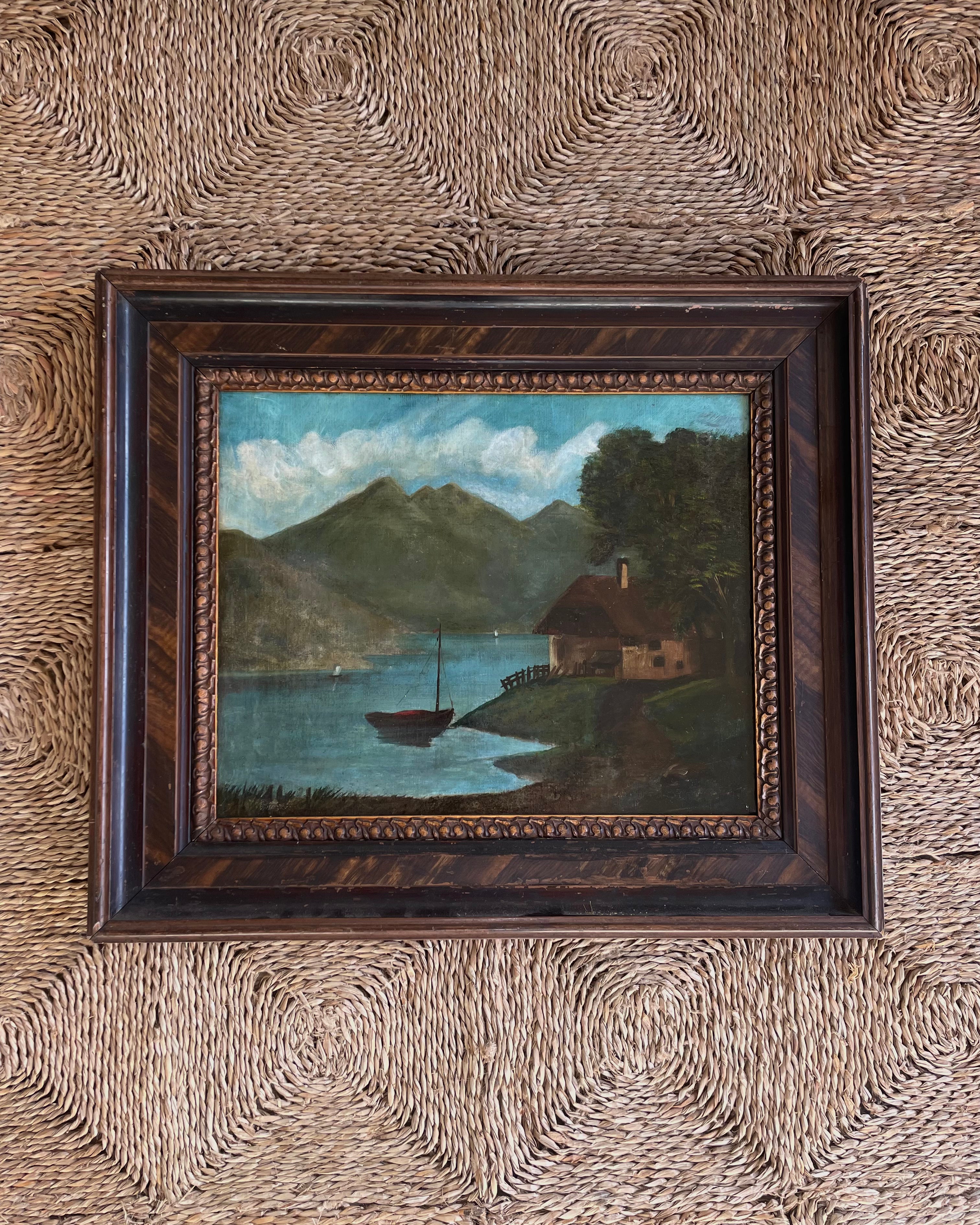 Lovely Dark Naive Land & Seascape Painting