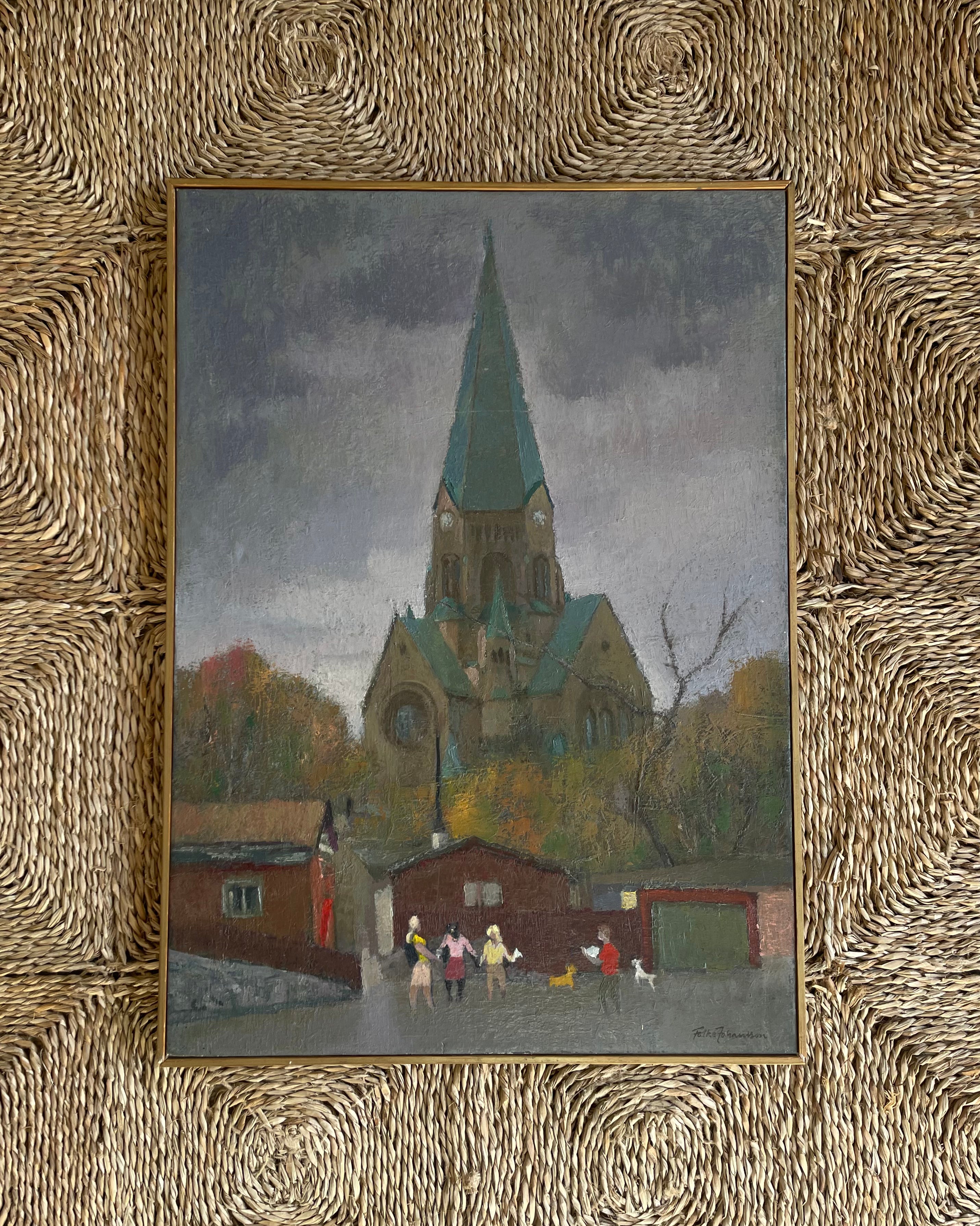 Swedish Oil on Canvas Village Scene