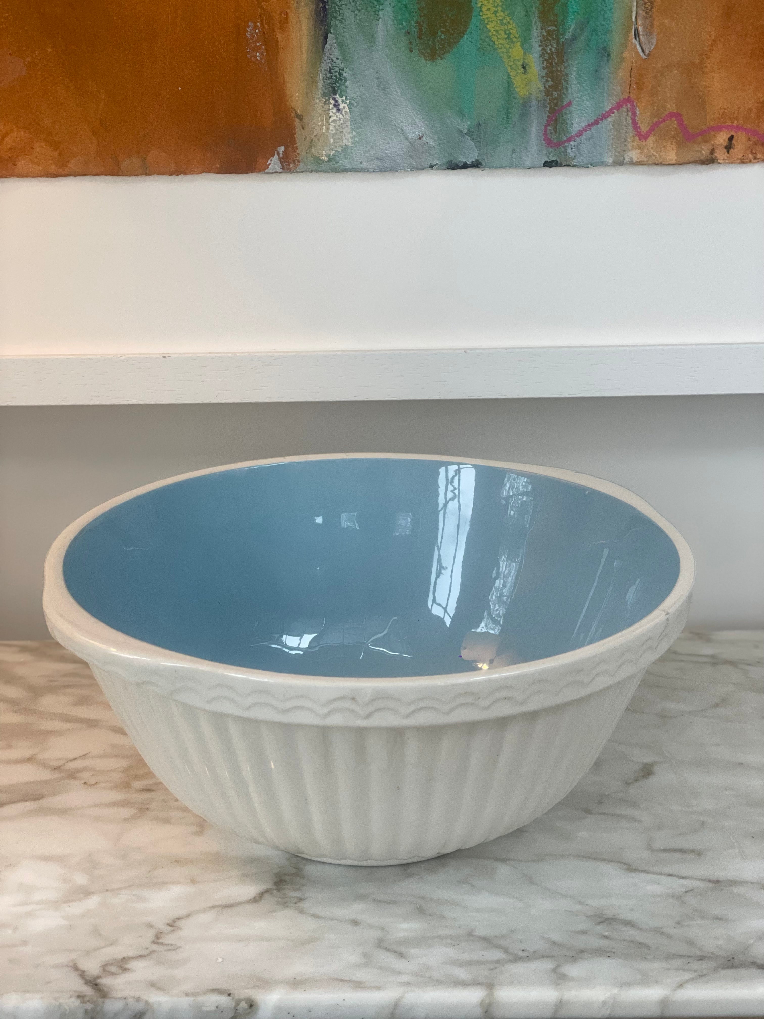 Vintage White and Duck Egg Blue Ceramic Mixing Bowl