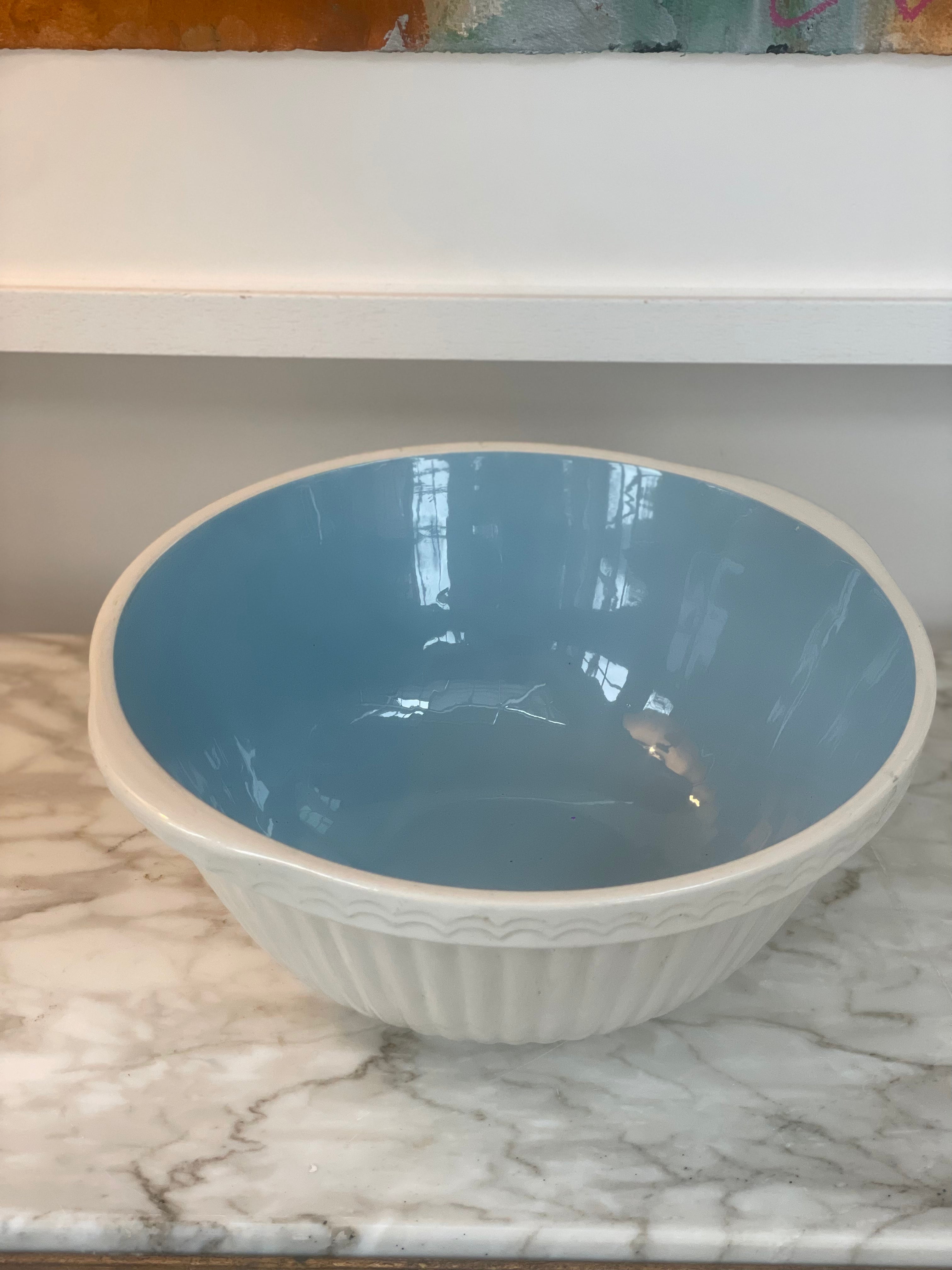 Vintage White and Duck Egg Blue Ceramic Mixing Bowl