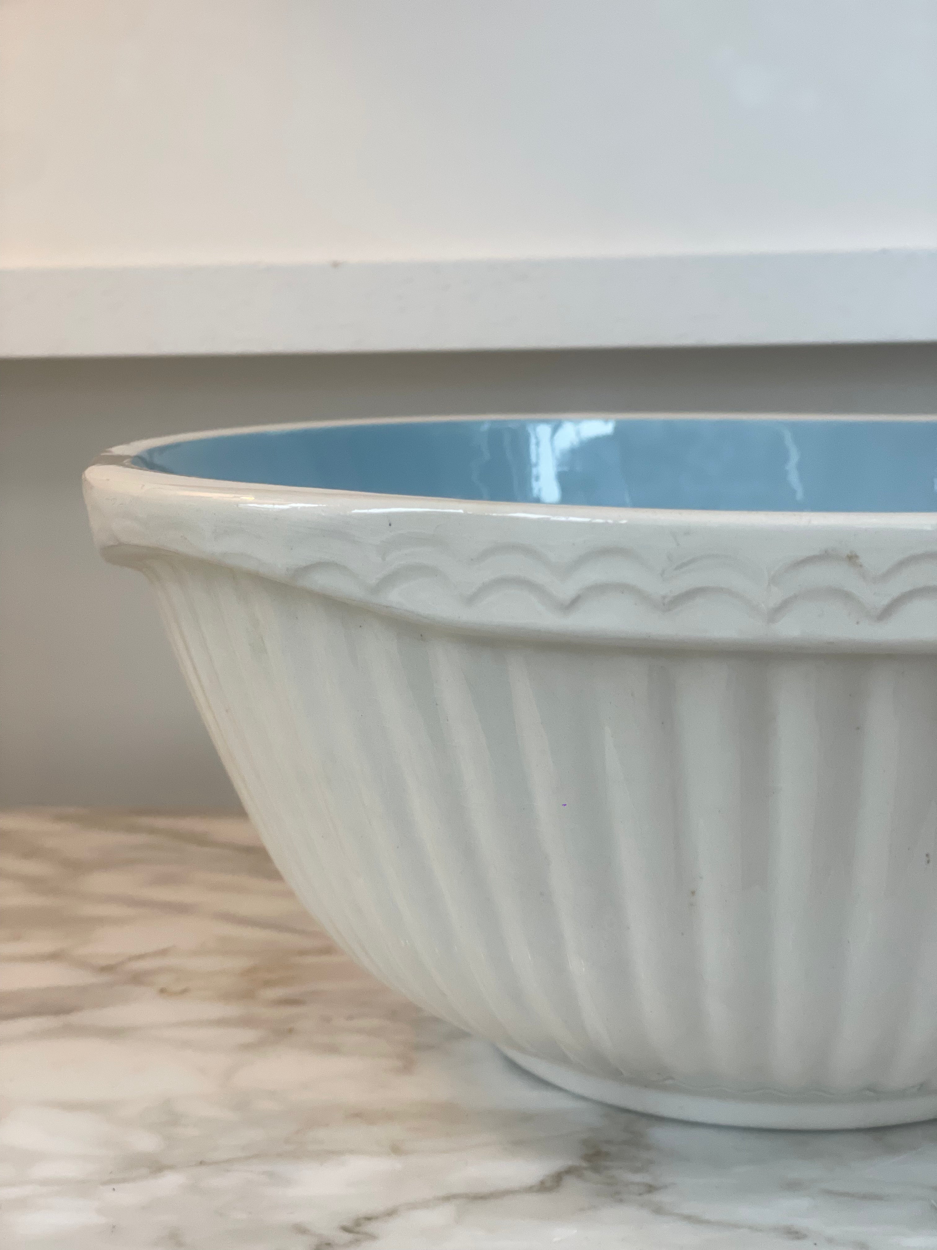 Vintage White and Duck Egg Blue Ceramic Mixing Bowl