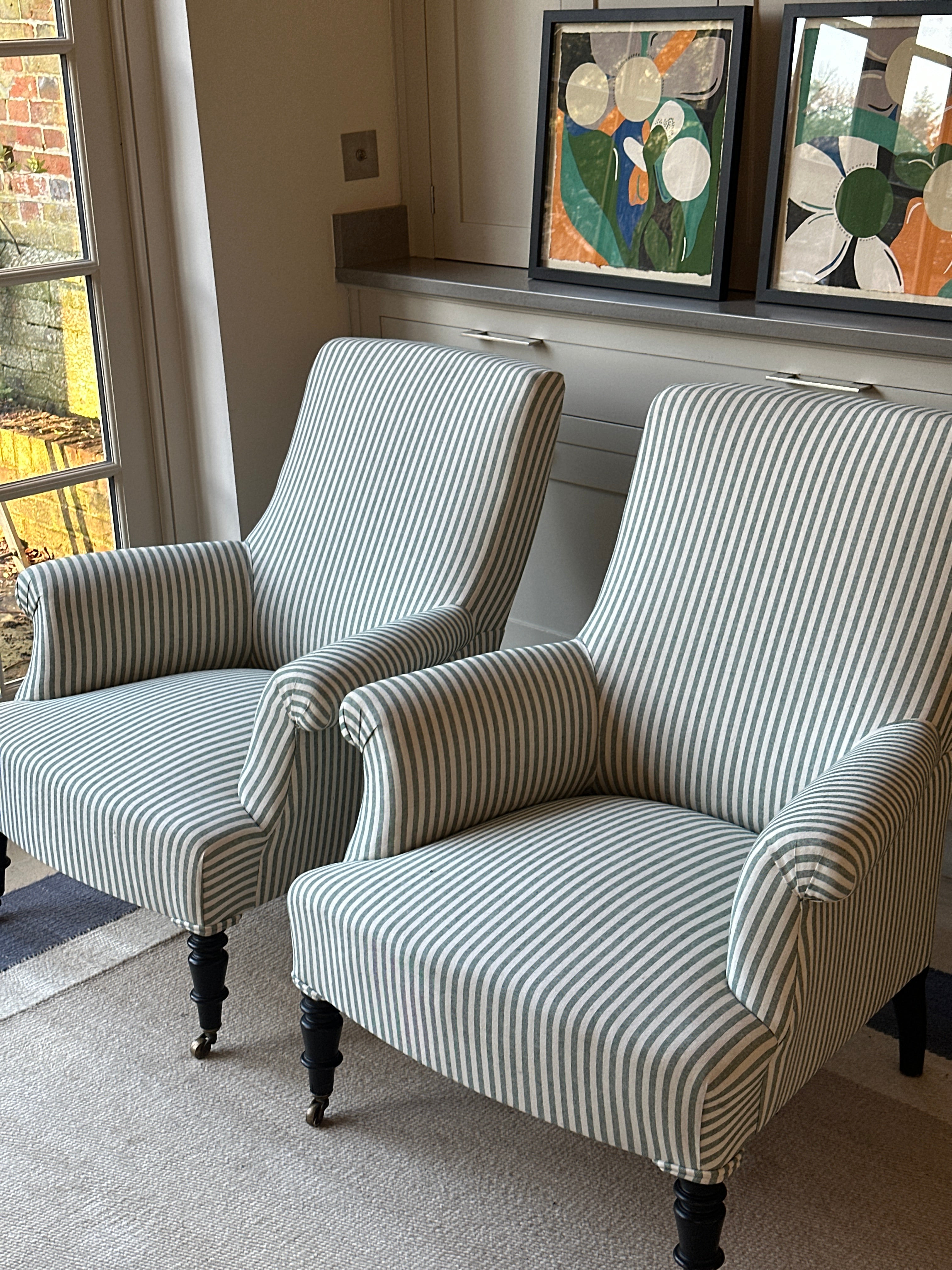 Pair of Napoleon III Squareback Chairs in Green Ticking