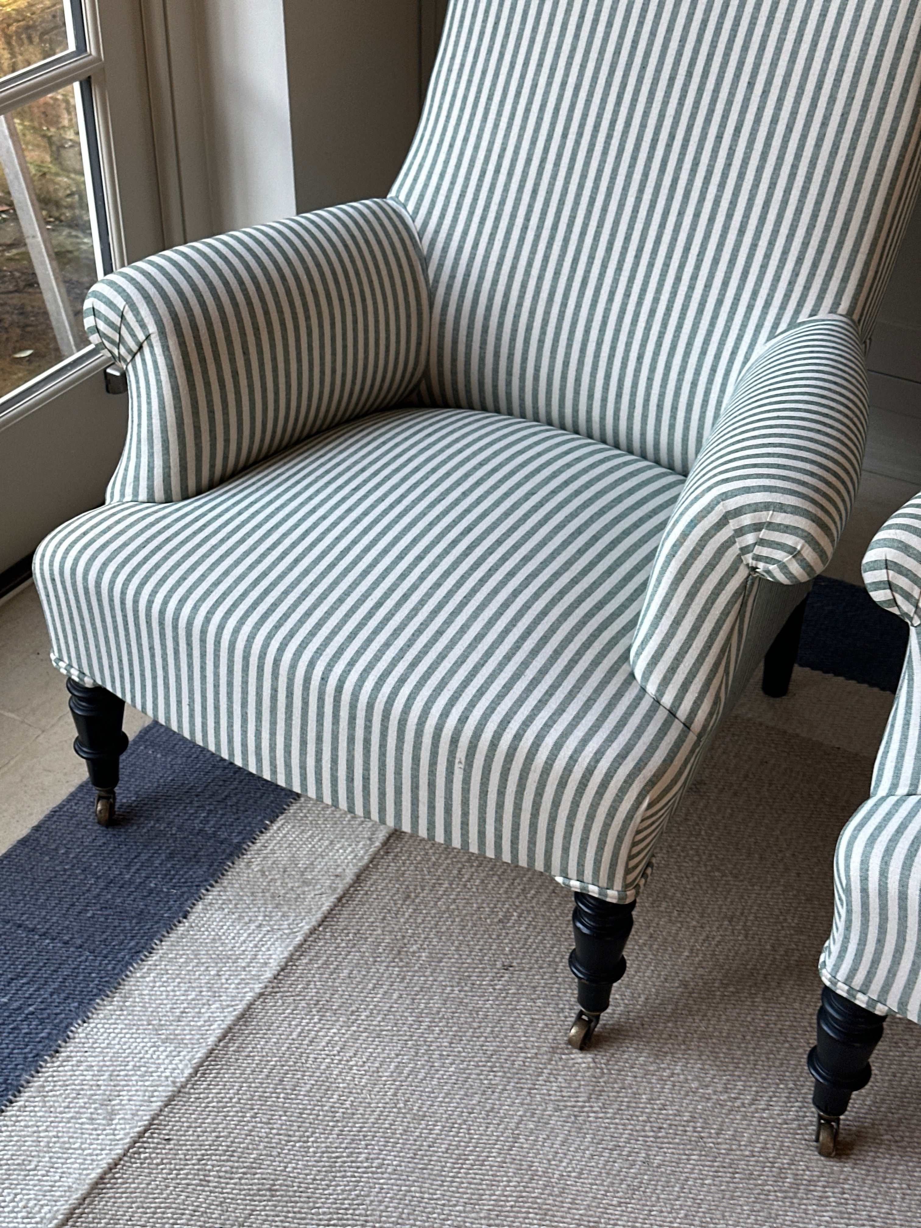 Pair of Napoleon III Squareback Chairs in Green Ticking