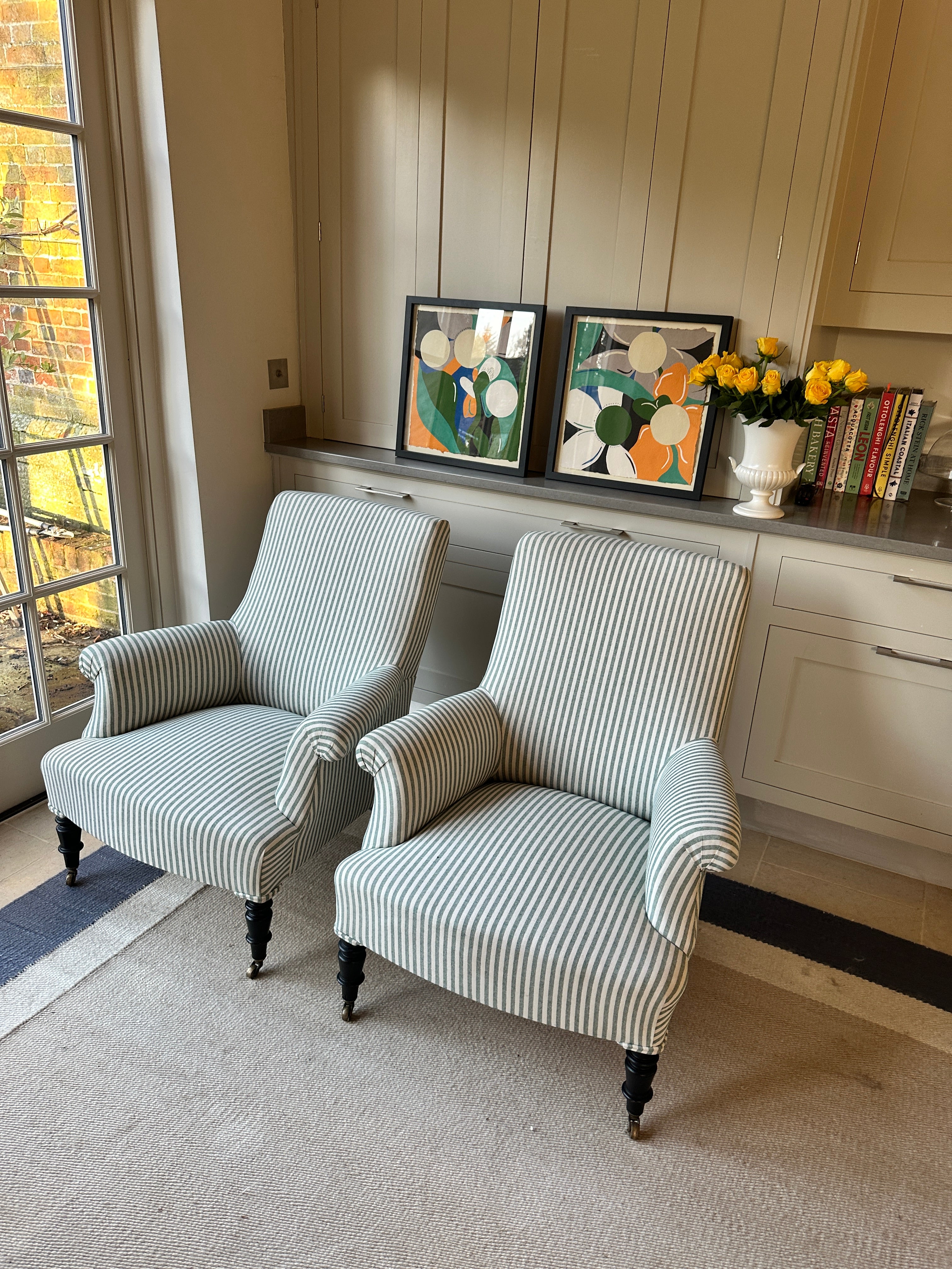 Pair of Napoleon III Squareback Chairs in Green Ticking