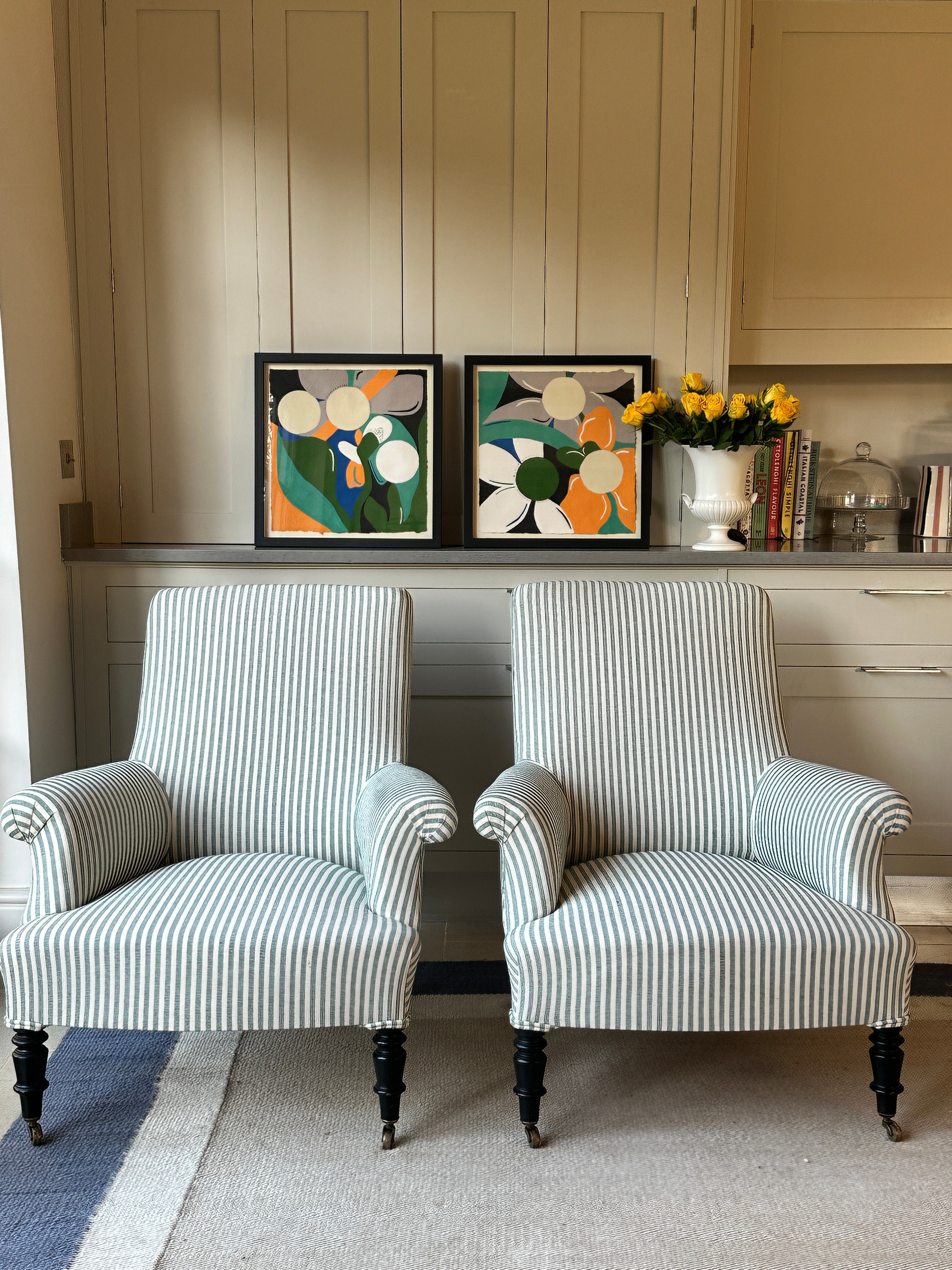 Pair of Napoleon III Squareback Chairs in Green Ticking