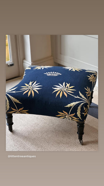 French Ottoman Footstool in navy wool baise