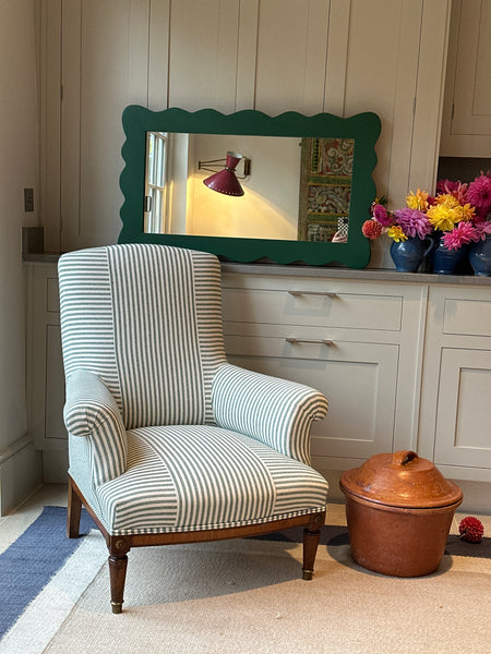 Large French Napoleon III Squareback chair in Green and White Ticking