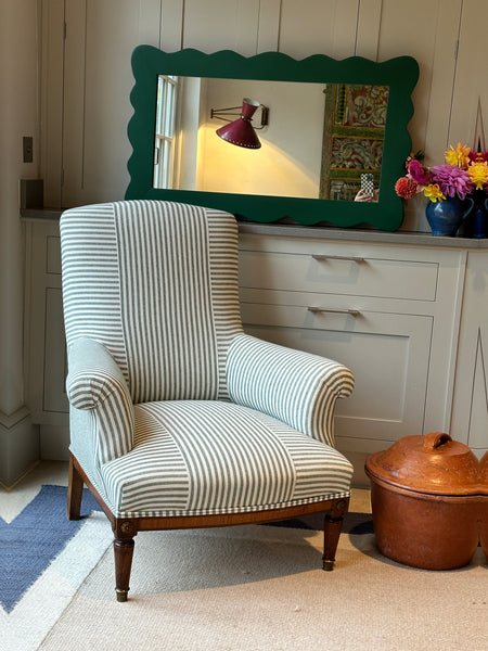 Large French Napoleon III Squareback chair in Green and White Ticking