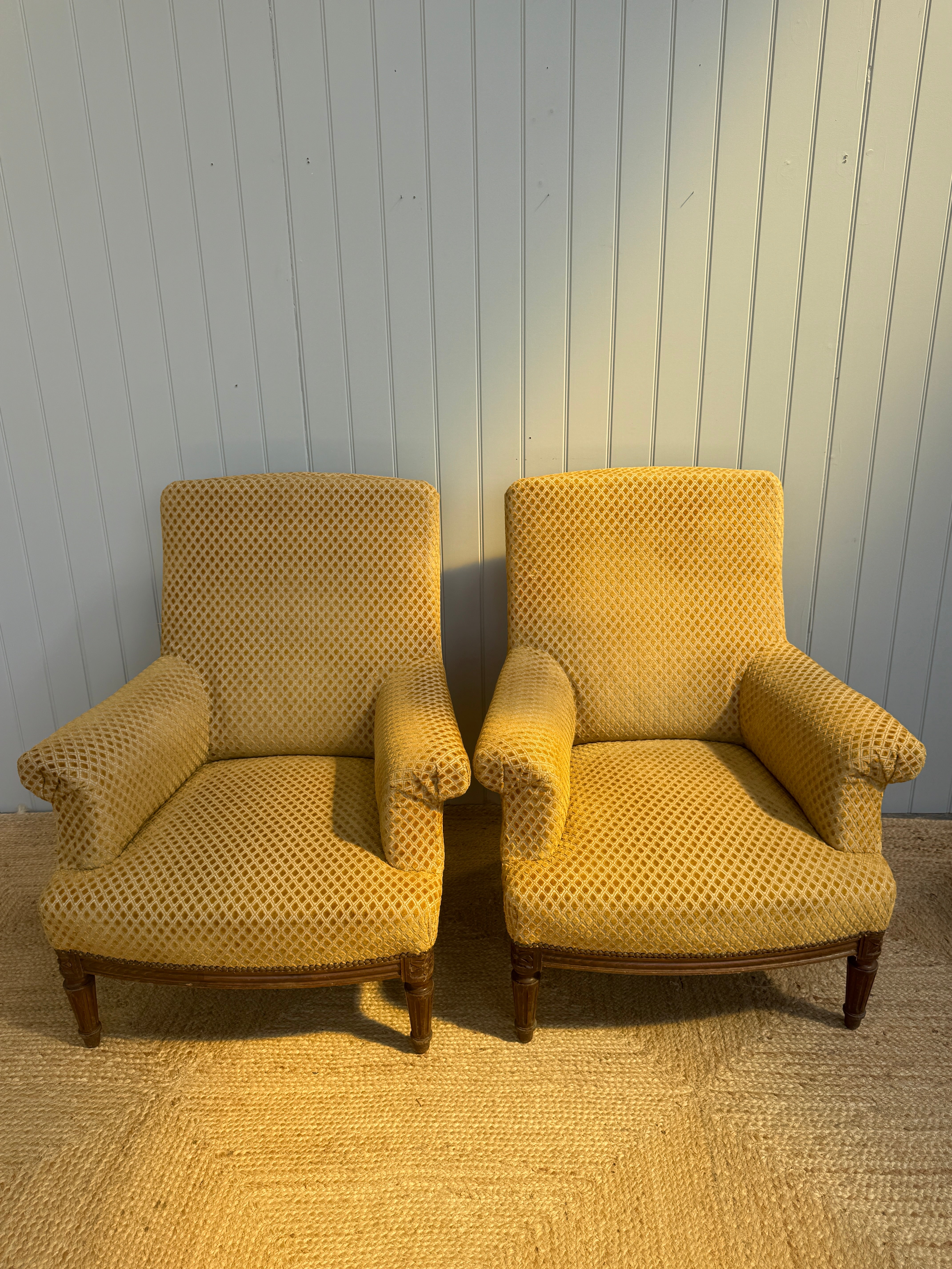 Pair of Nap II Squareback Armchairs in Yellow Velvet