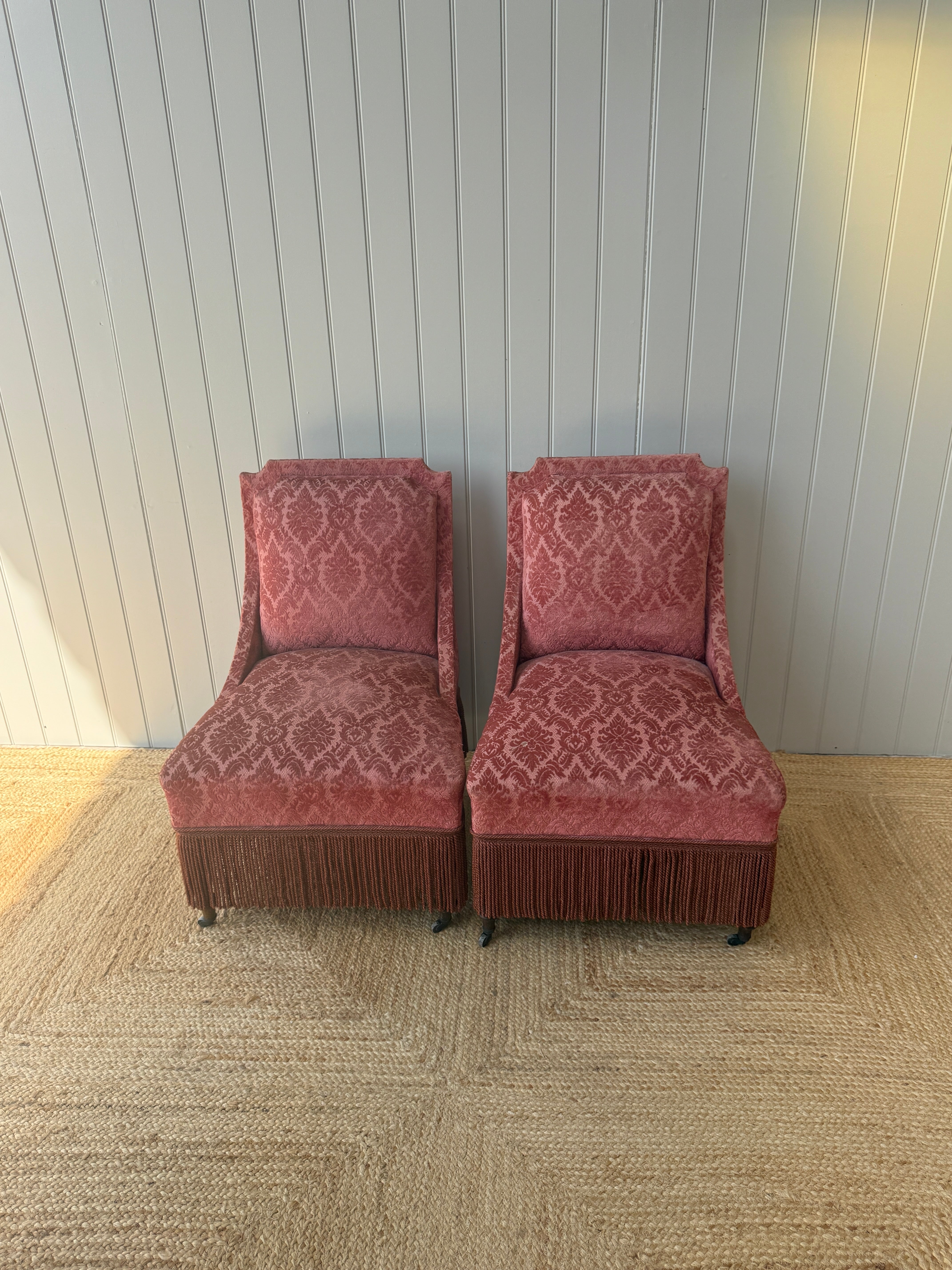 Pair of French Slipper Chairs in red/pink damask