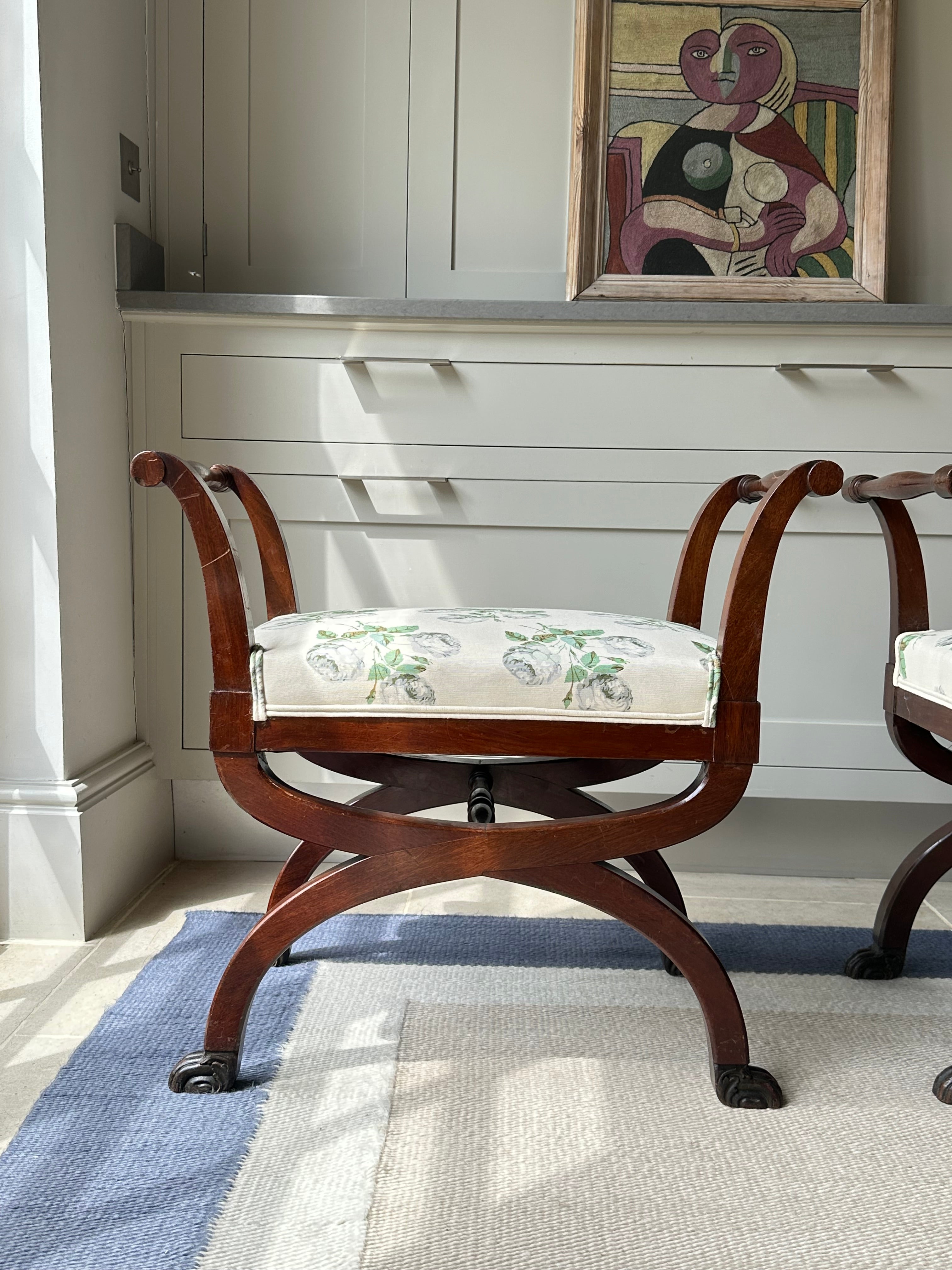 Pair of Mahogany X Frame Stools Upholstered in Colefax and Fowler Bowood