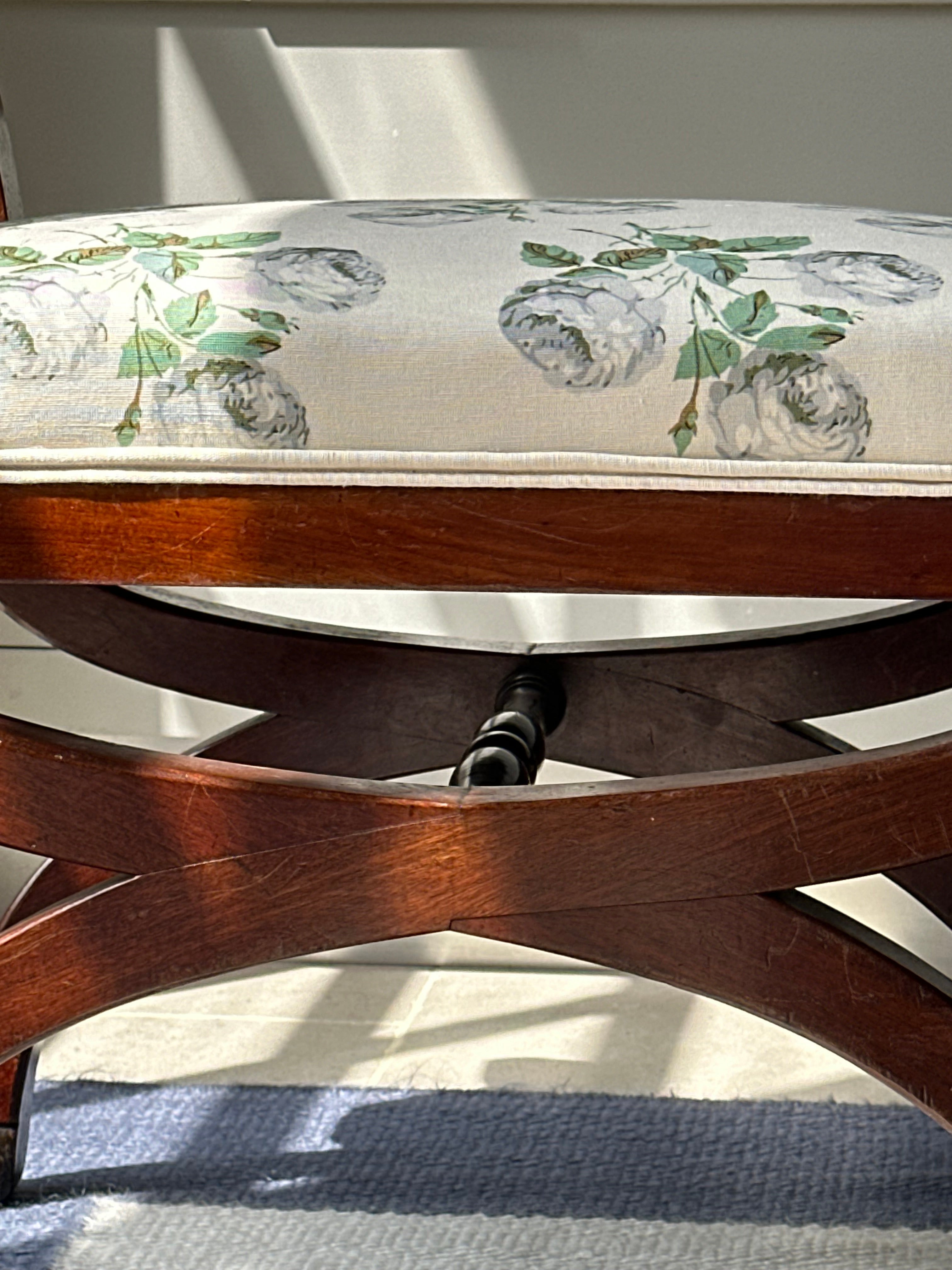 Pair of Mahogany X Frame Stools Upholstered in Colefax and Fowler Bowood