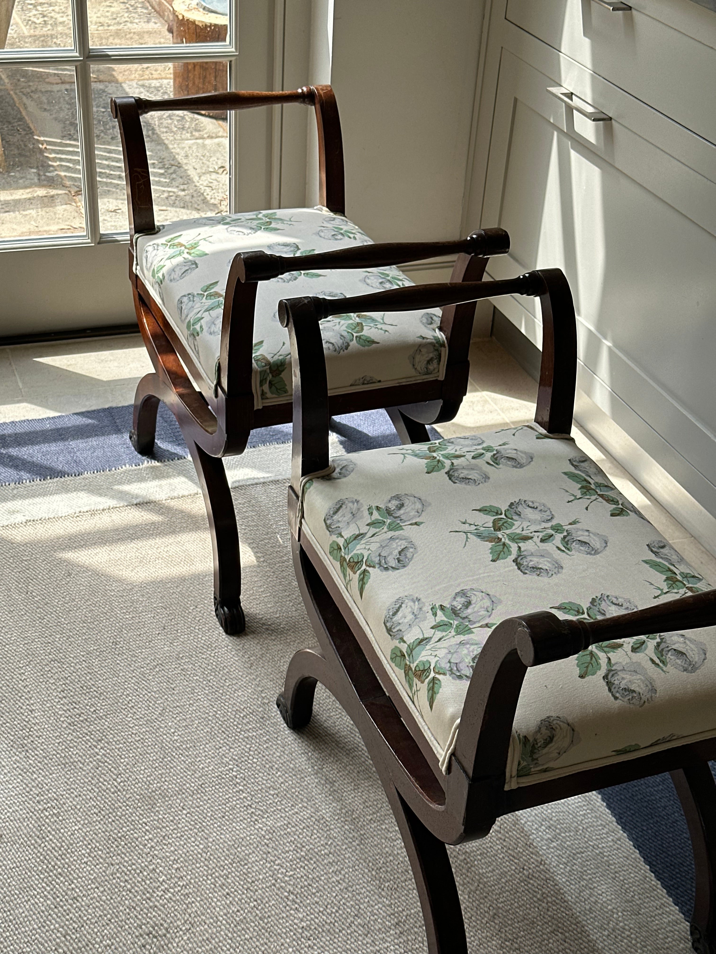 Pair of Mahogany X Frame Stools Upholstered in Colefax and Fowler Bowood