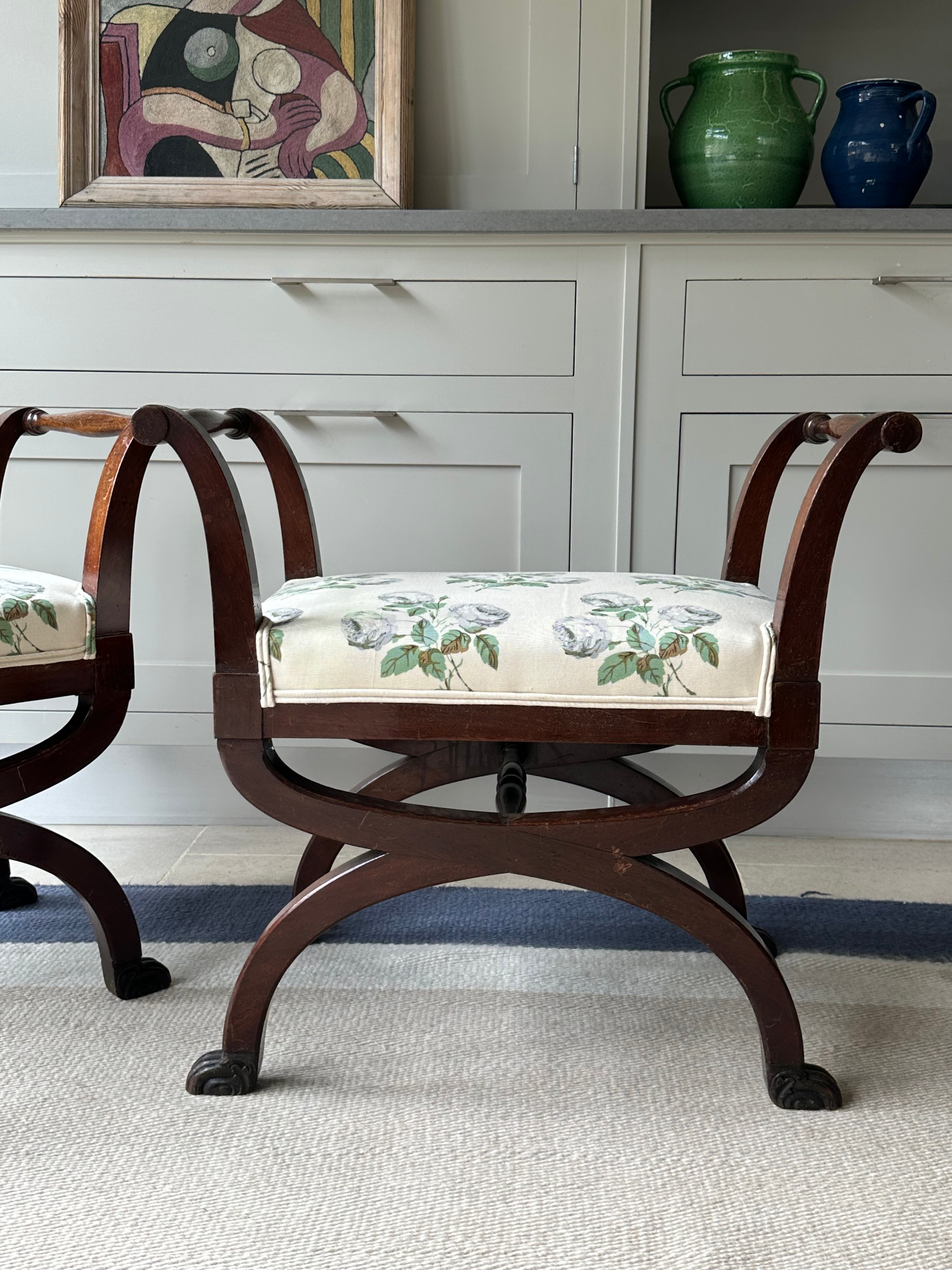 Pair of Mahogany X Frame Stools Upholstered in Colefax and Fowler Bowood