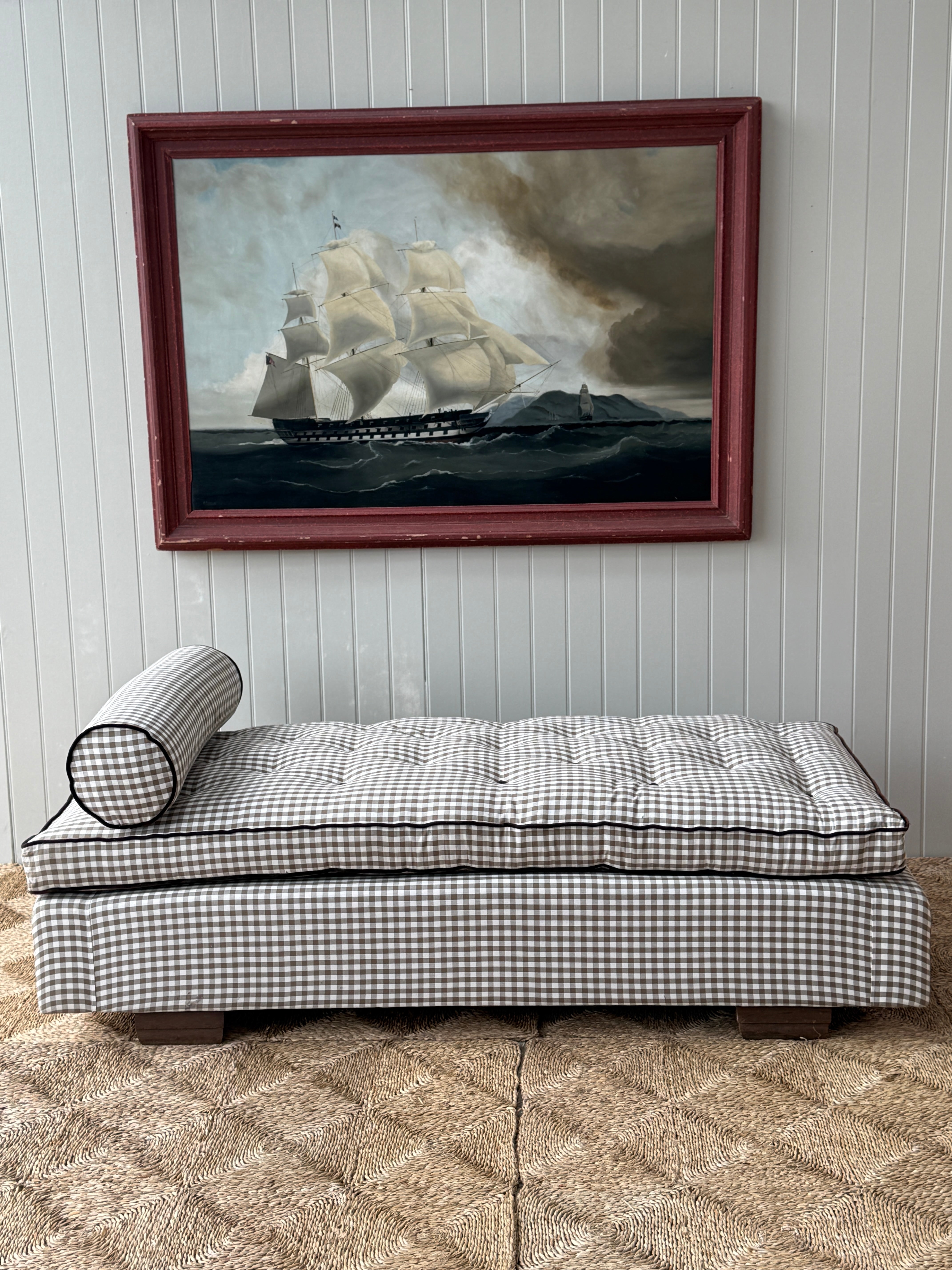 Large Daybed with Squab cushion in brown gingham and brown velvet piping and buttons.