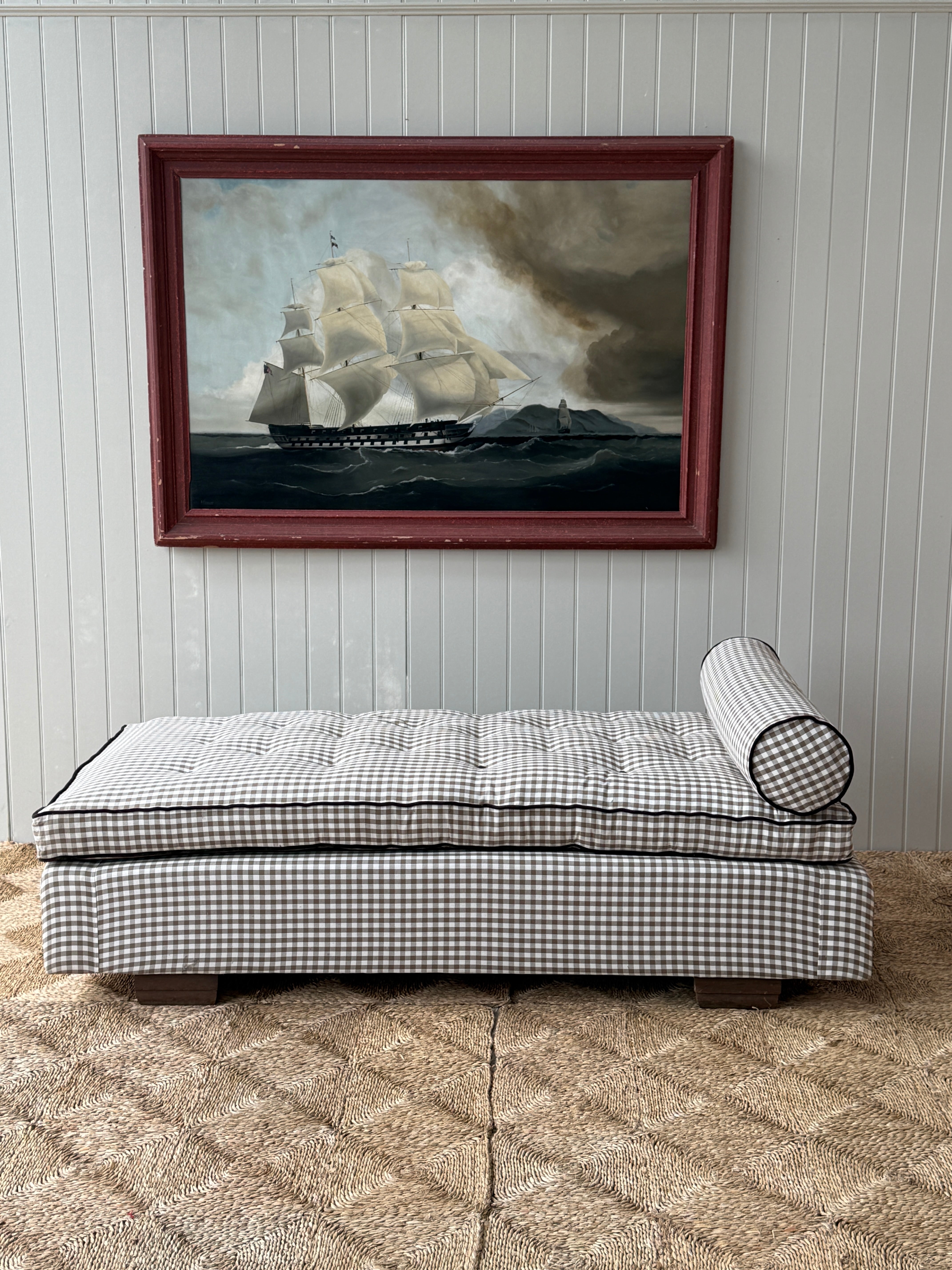 Large Daybed with Squab cushion in brown gingham and brown velvet piping and buttons.