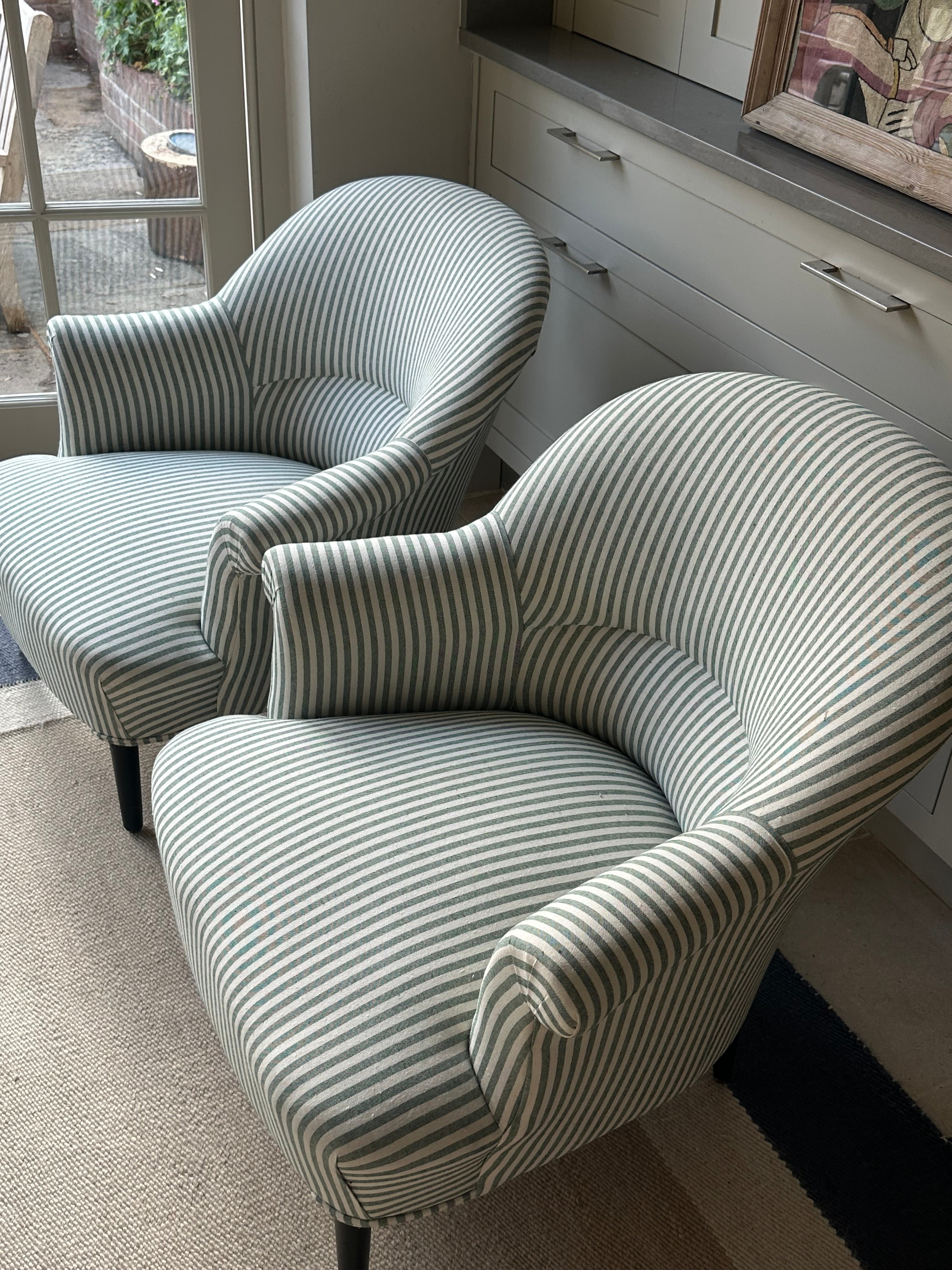 Pair of French Crapaud Chairs in Green Ticking
