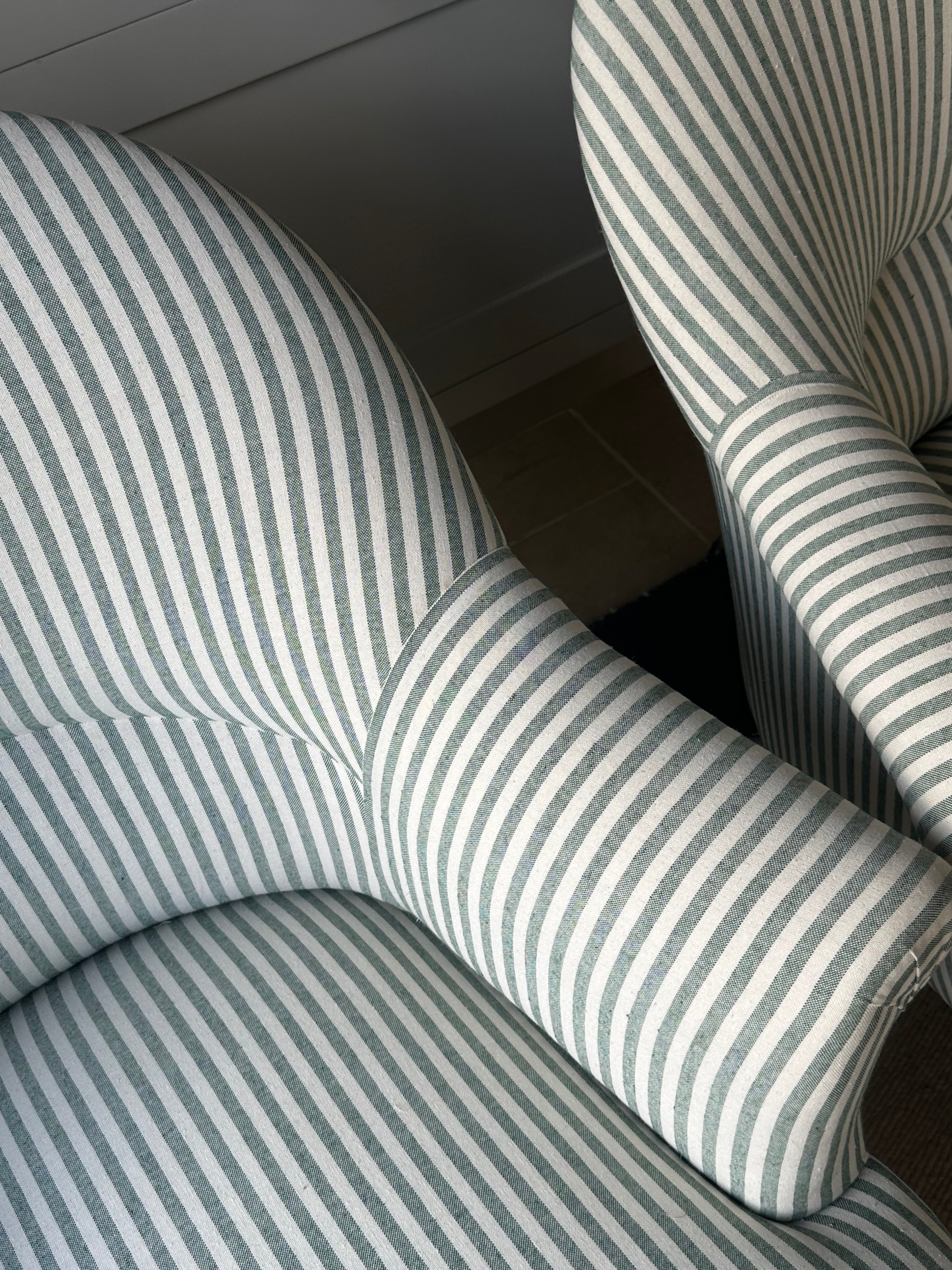 Pair of French Crapaud Chairs in Green Ticking