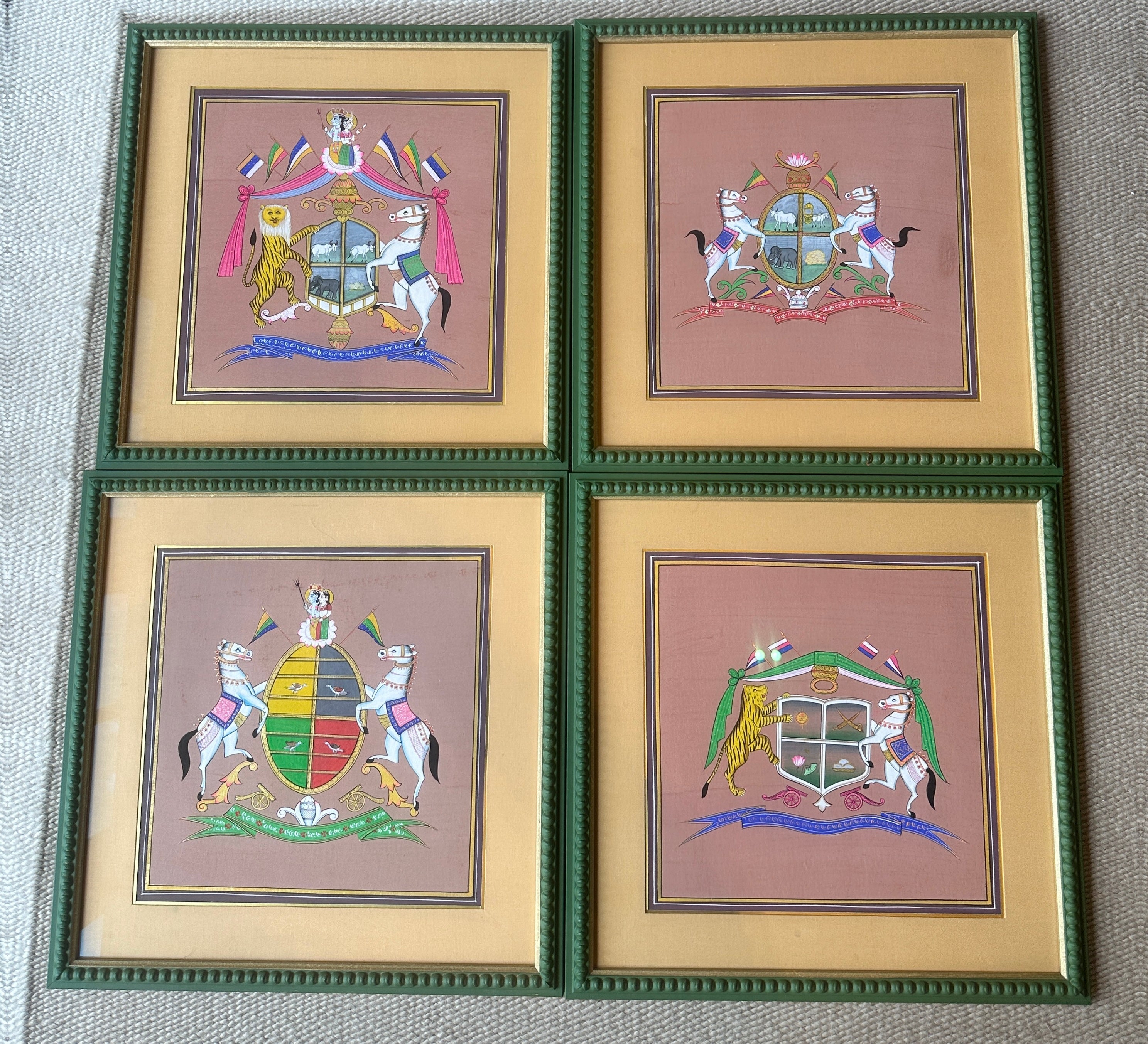 Decorative Painted Coat of Arms in Green Bobbin Frame - B