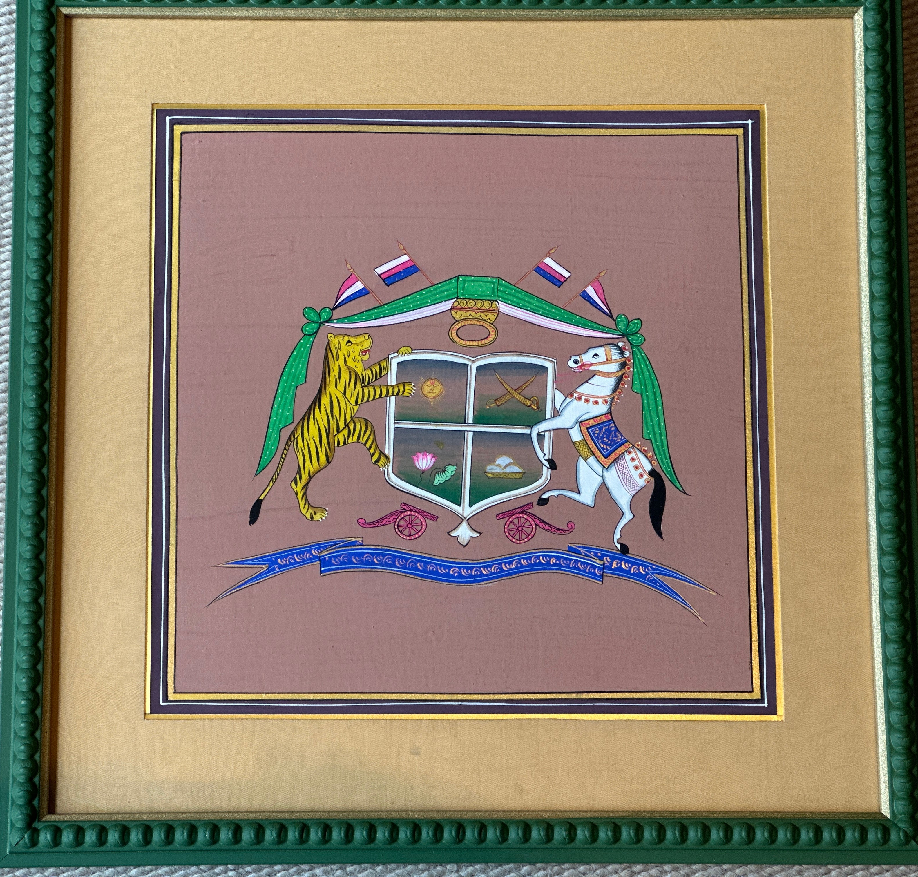 Decorative Painted Coat of Arms in Green Bobbin Frame - B