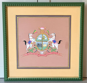Decorative Painted Coat of Arms in Green Bobbin Frame - A