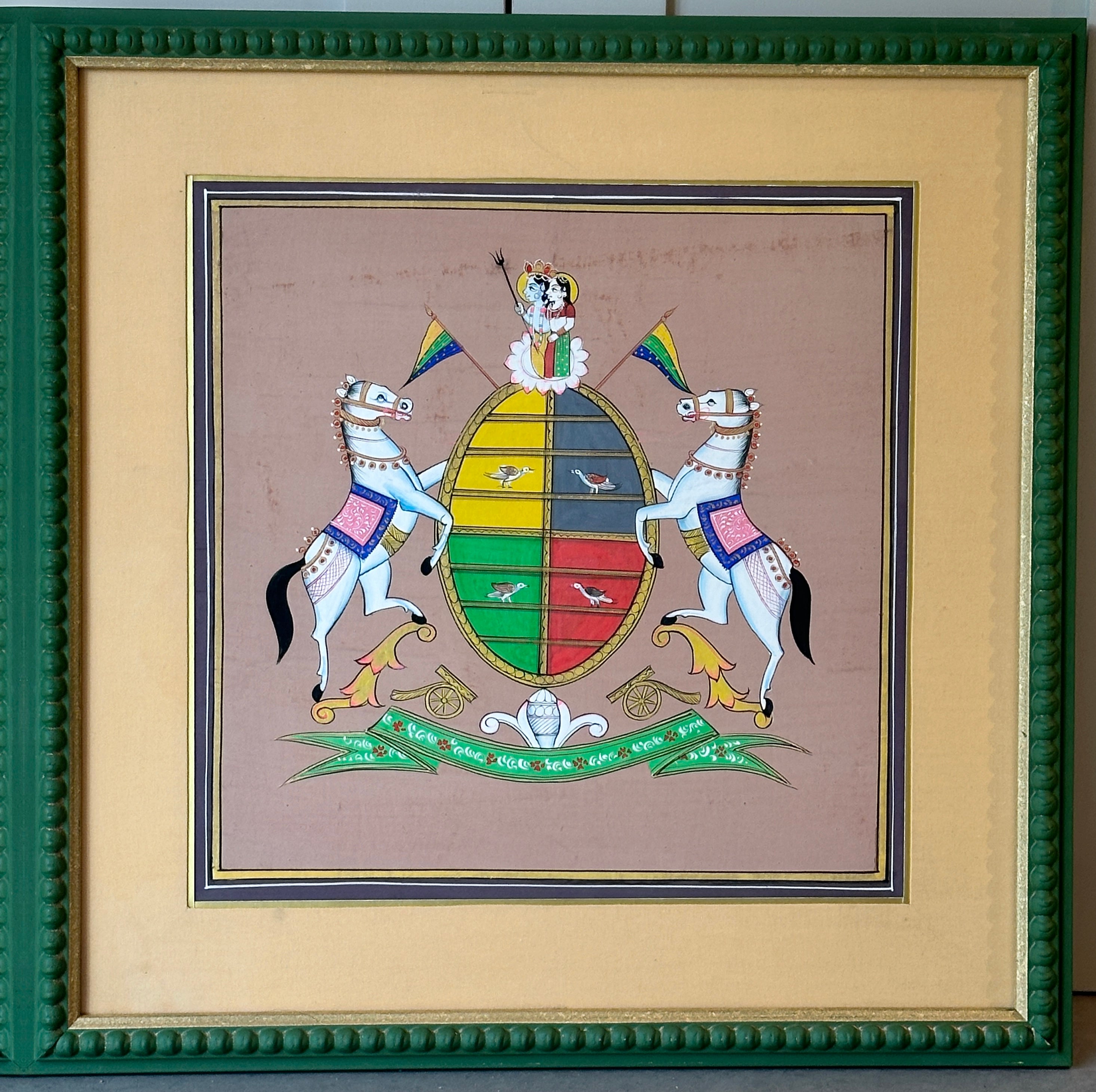 Decorative Painted Coat of Arms in Green Bobbin Frame - D