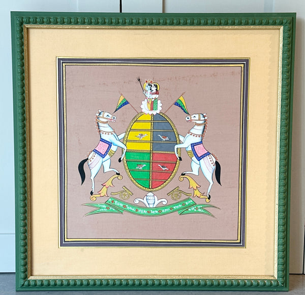 Decorative Painted Coat of Arms in Green Bobbin Frame - D