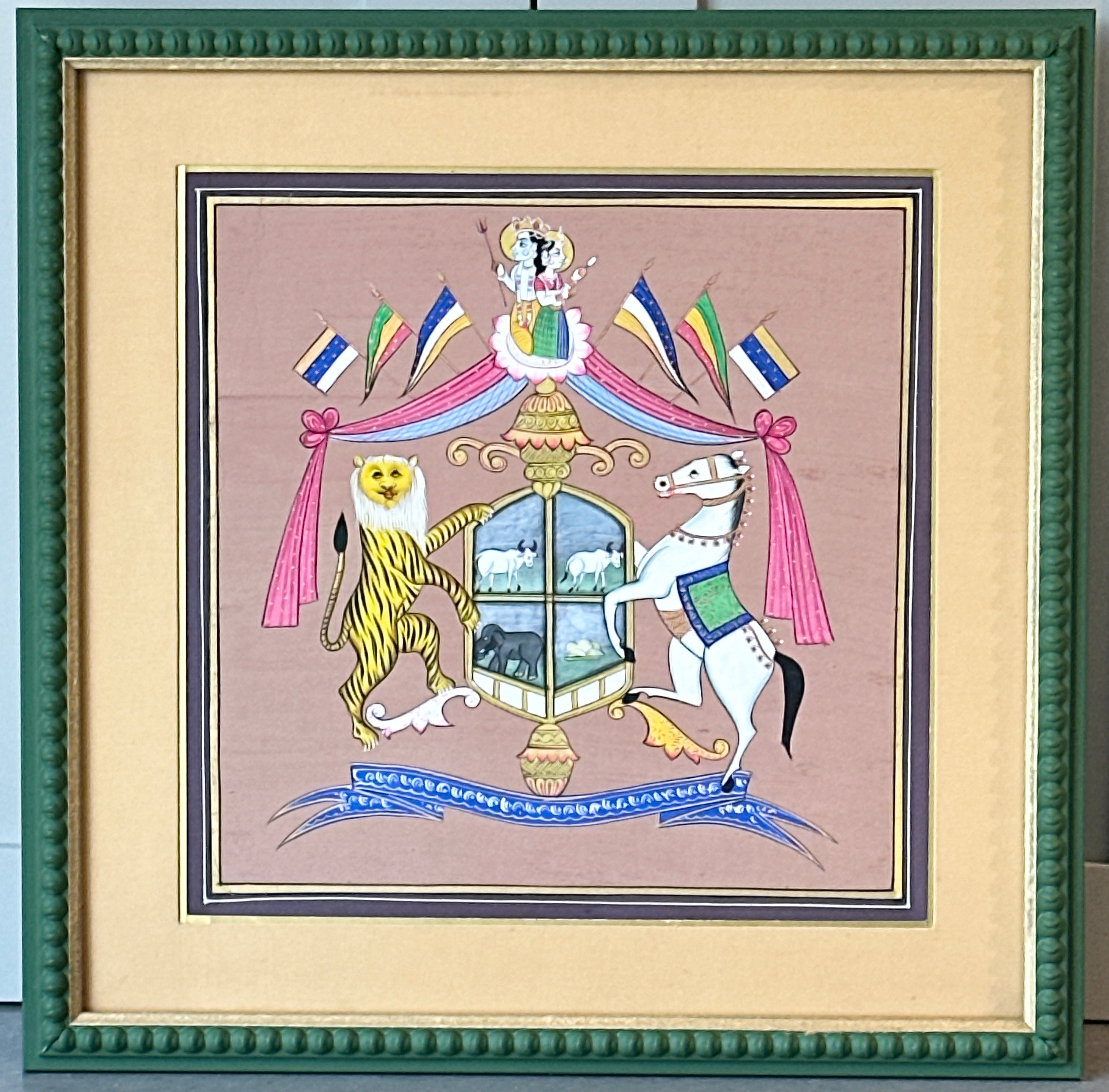 Decorative Painted Coat of Arms in Green Bobbin Frame - C