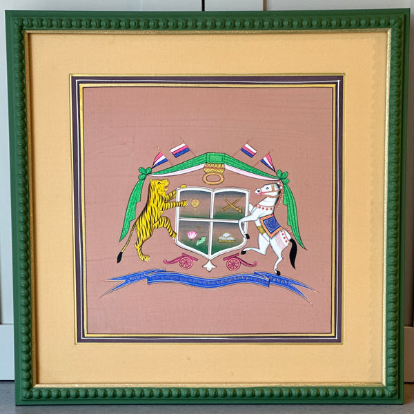 Decorative Painted Coat of Arms in Green Bobbin Frame - B