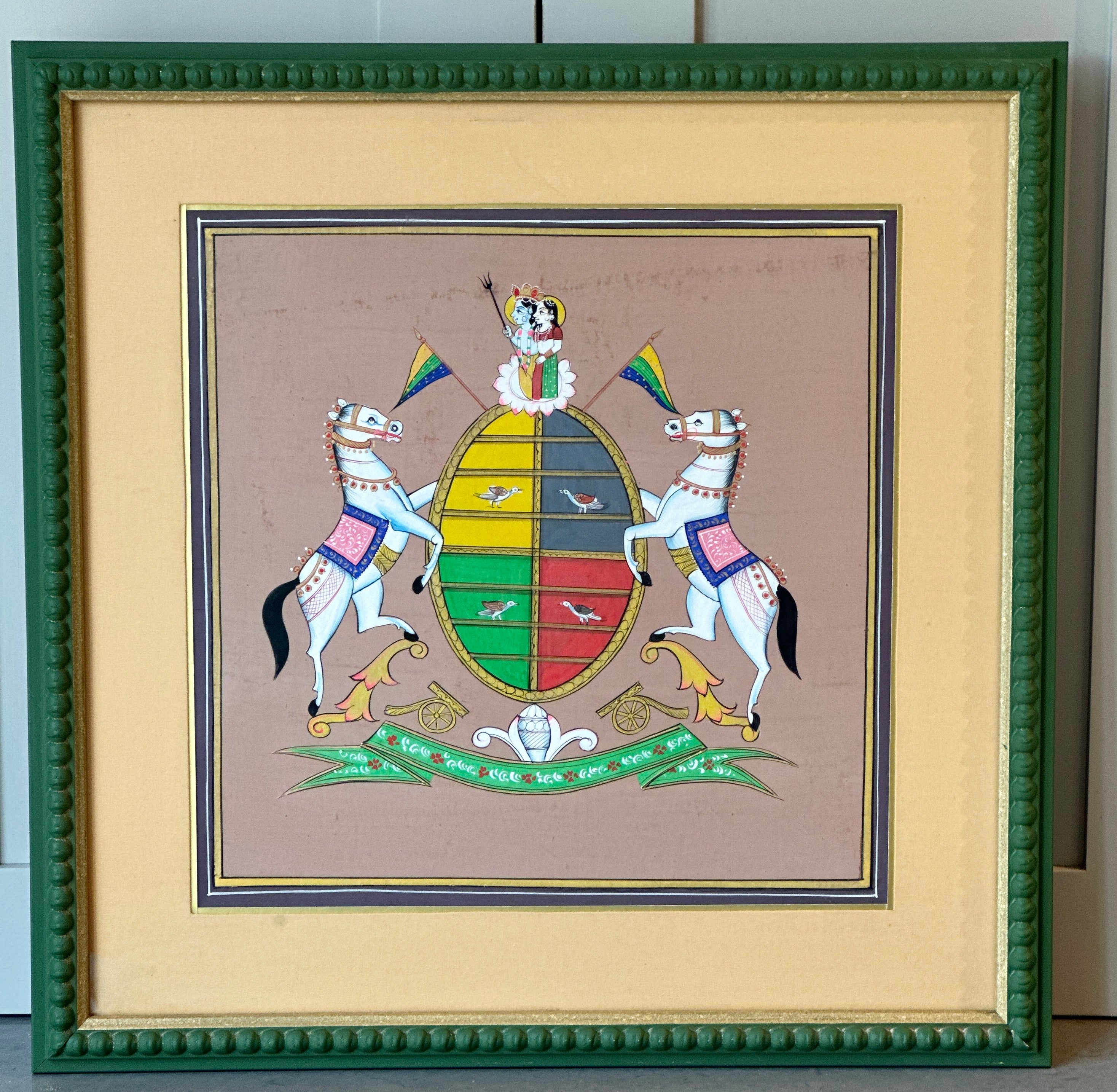 Decorative Painted Coat of Arms in Green Bobbin Frame - D