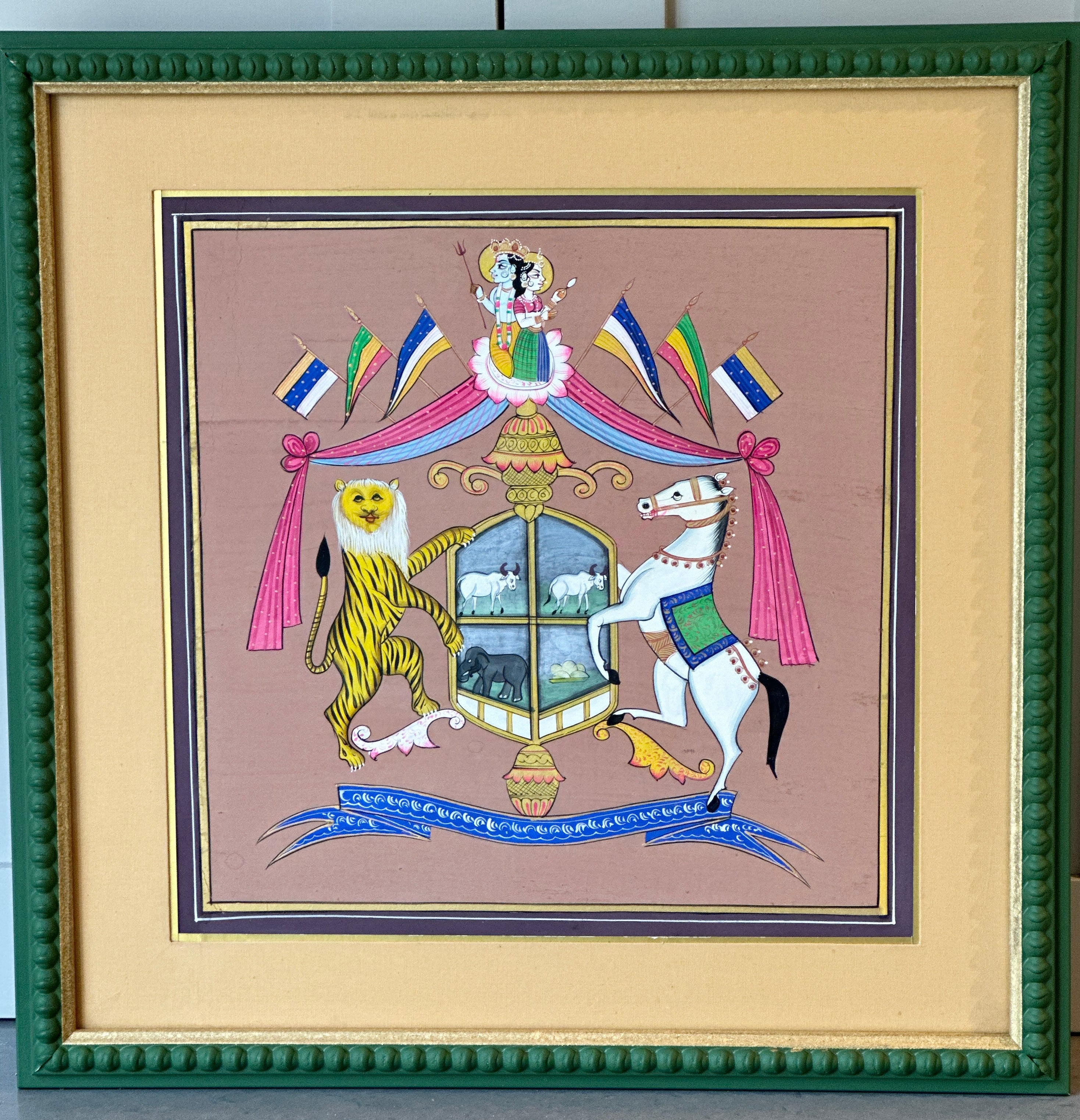 Decorative Painted Coat of Arms in Green Bobbin Frame - C