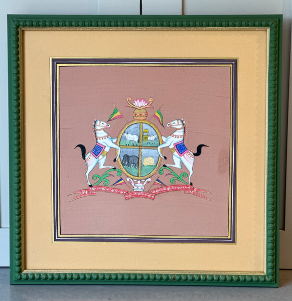 Decorative Painted Coat of Arms in Green Bobbin Frame - A