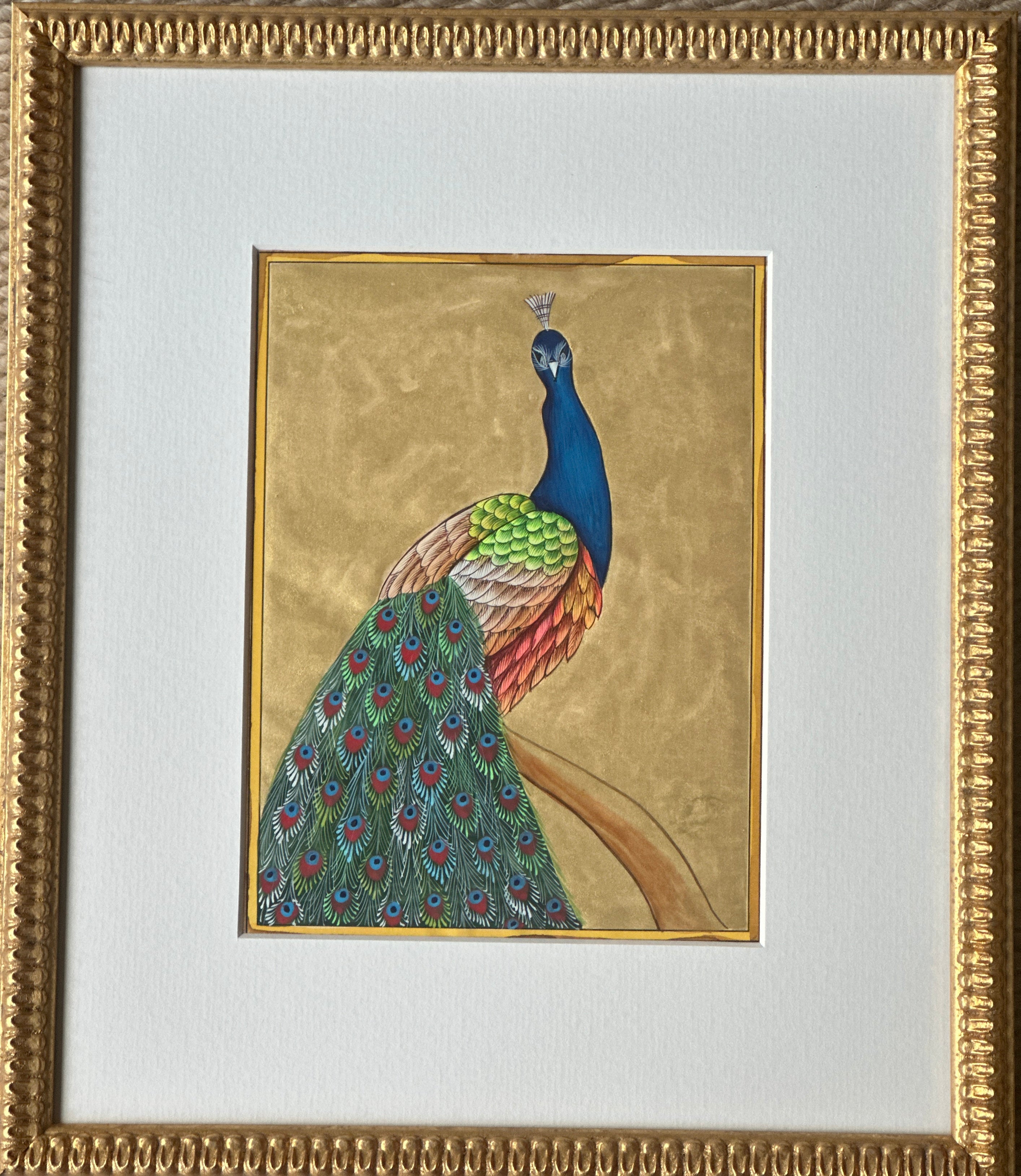 Fine Gilt Peacock Painting in Gilt Frame -A