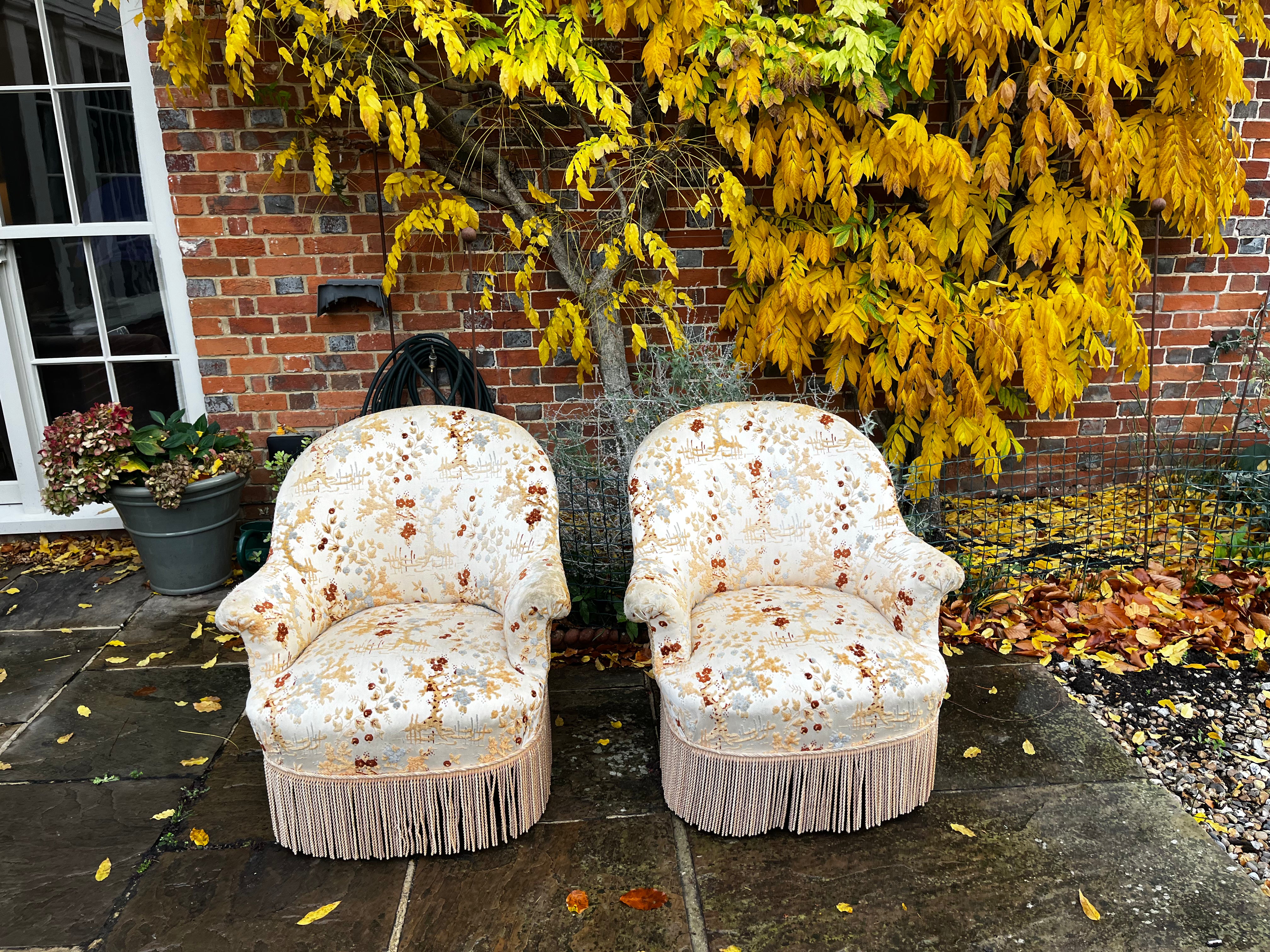 Pair of French Silk Tub Chairs with Tassels