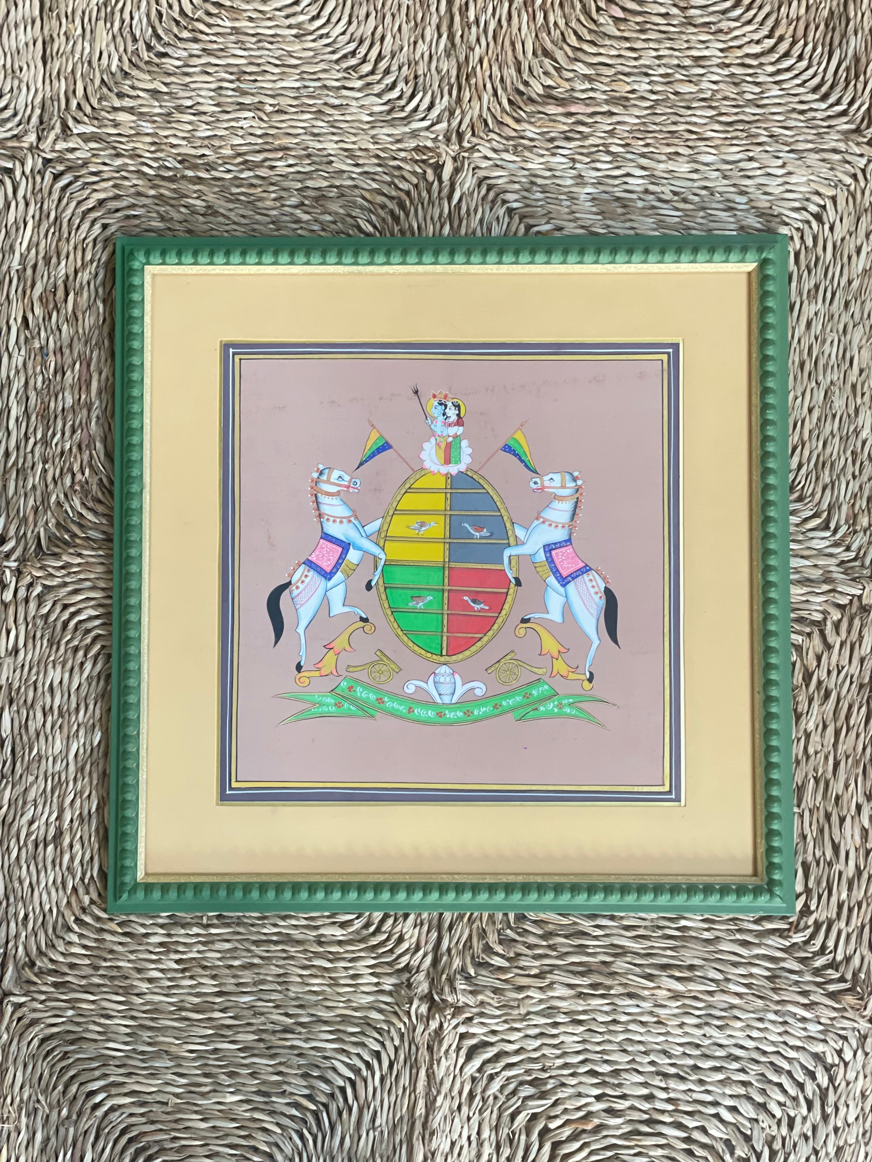 Decorative Painted Coat of Arms in Green Bobbin Frame - D