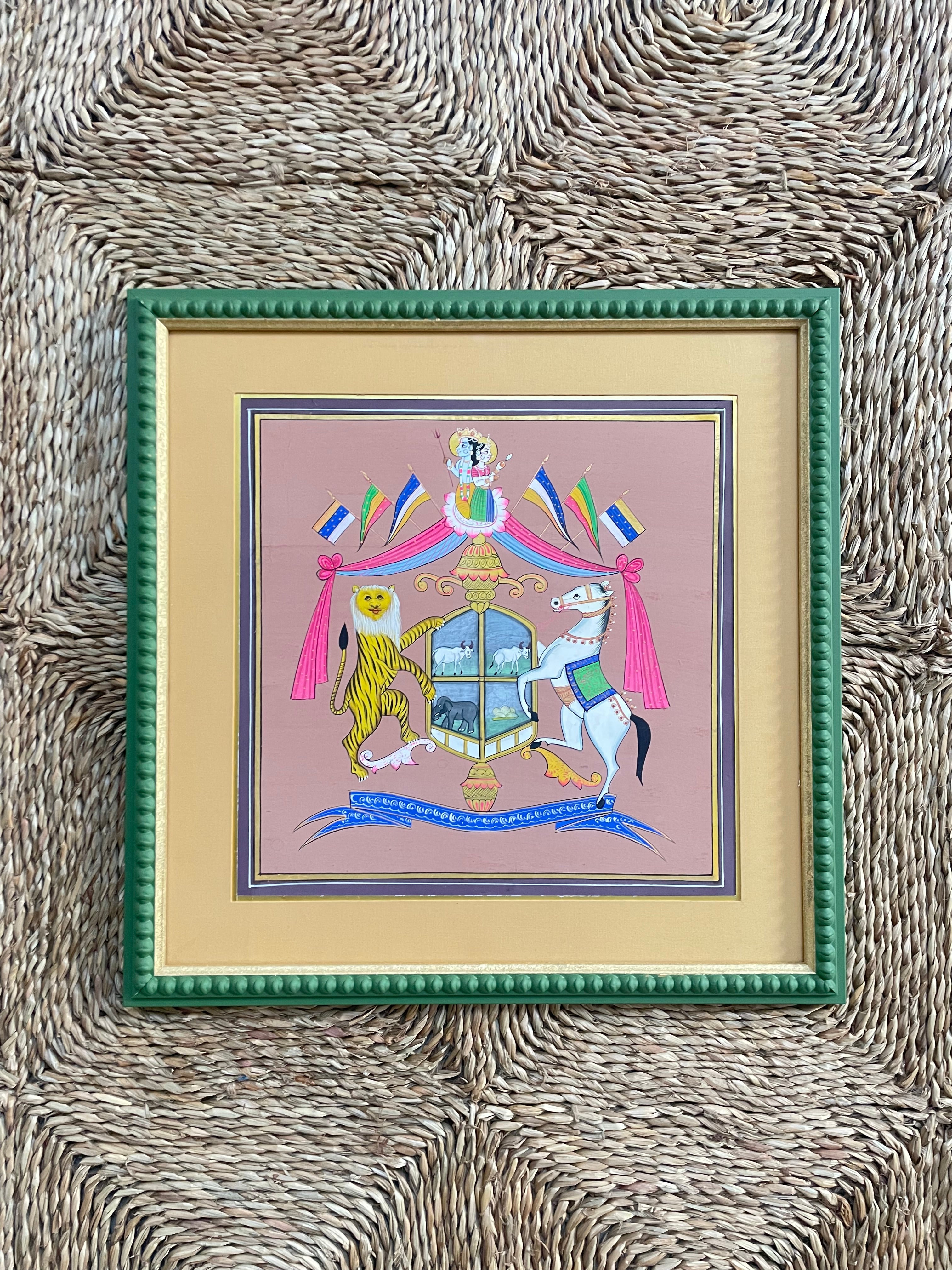 Decorative Painted Coat of Arms in Green Bobbin Frame - C