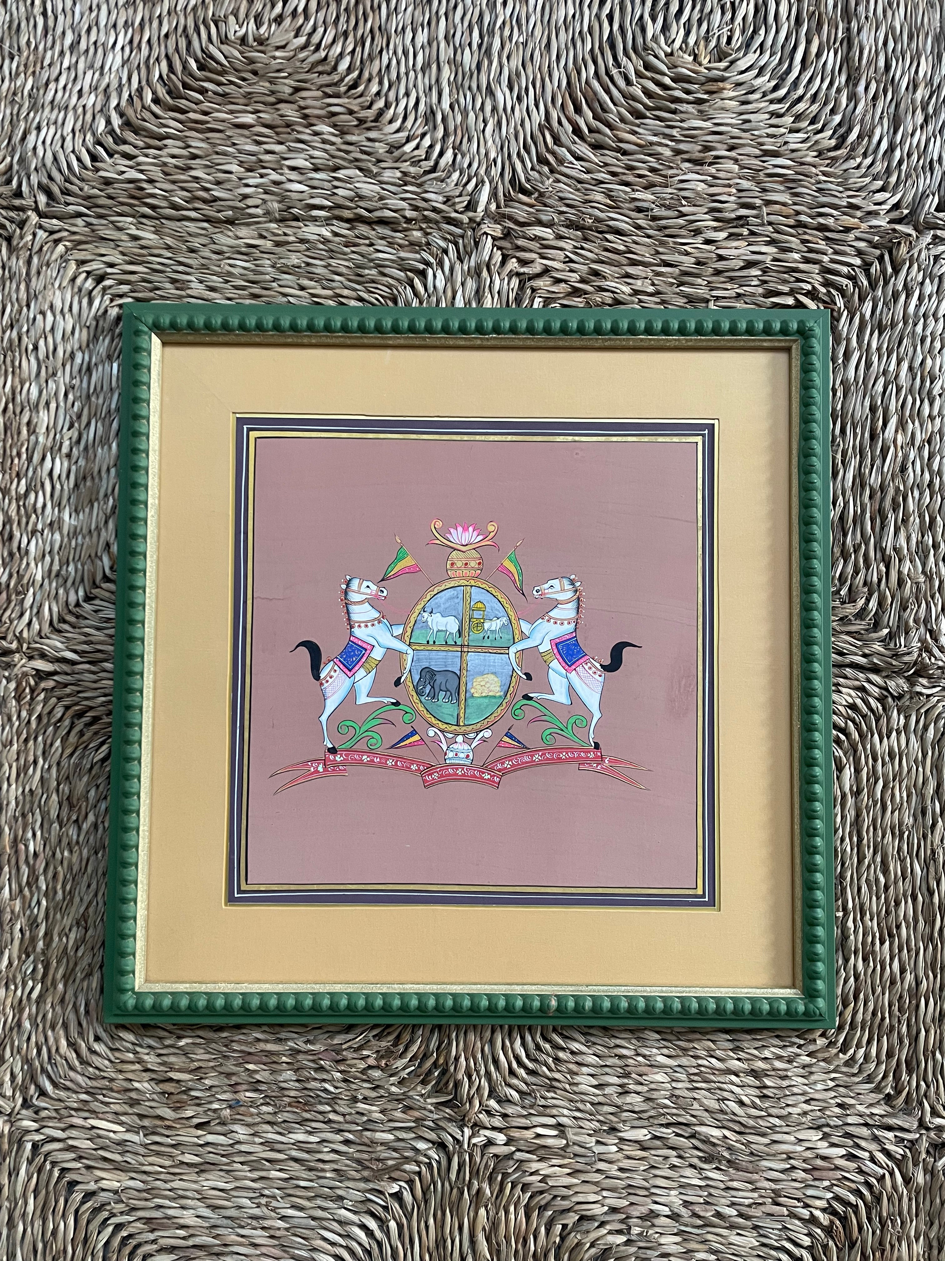 Decorative Painted Coat of Arms in Green Bobbin Frame - A