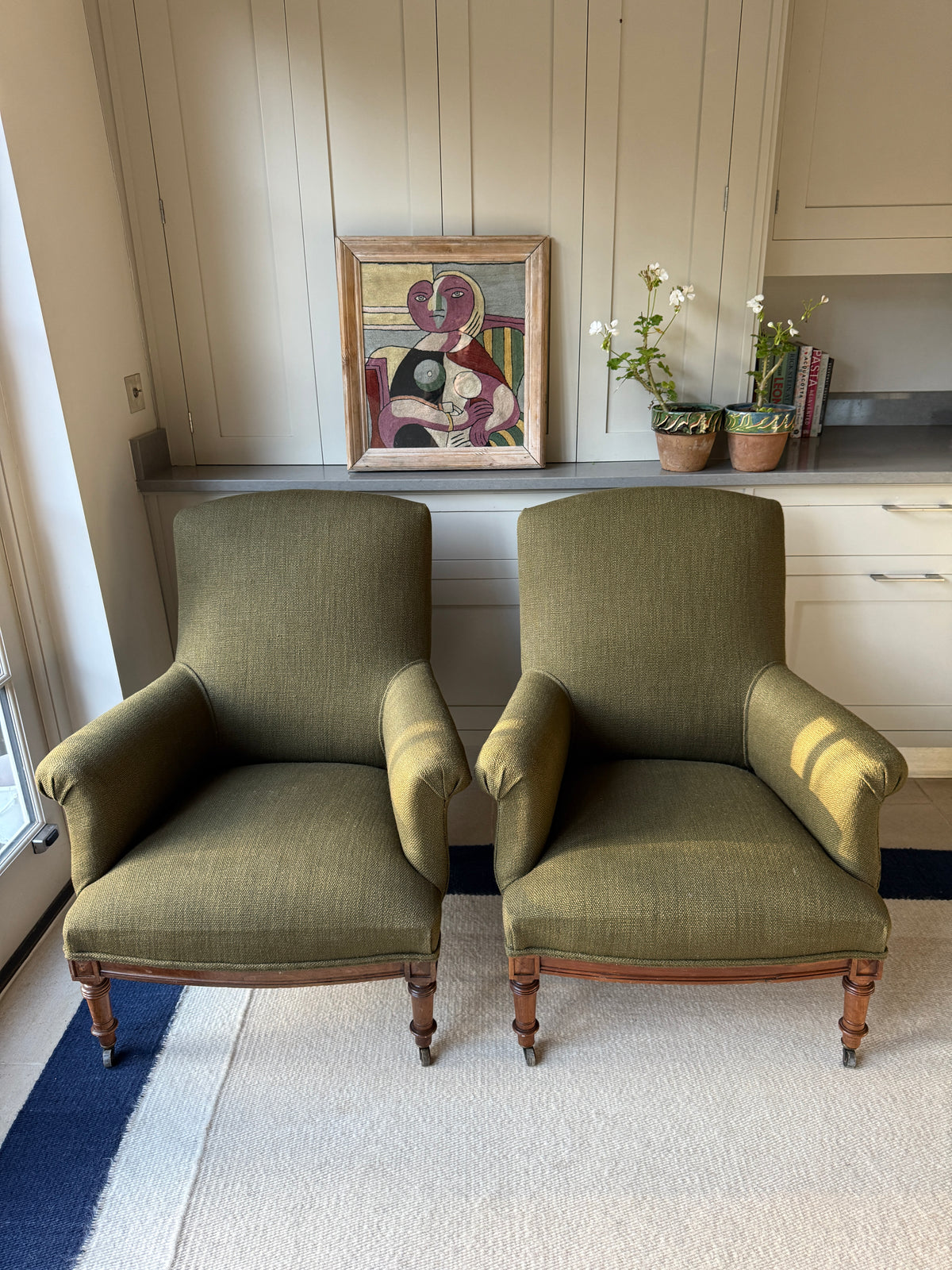 Pair of Napoleon III Armchairs in Heavy Green Linen by Rose Uniacke