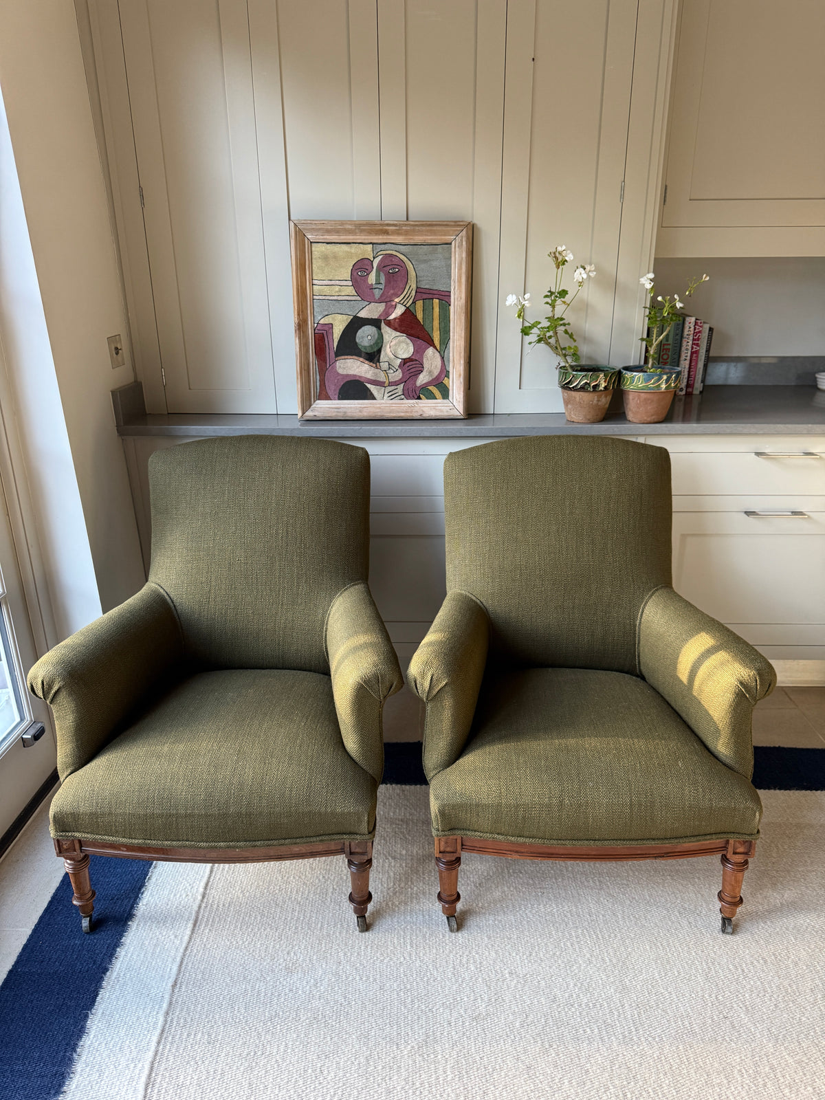 Pair of Napoleon III Armchairs in Heavy Green Linen by Rose Uniacke