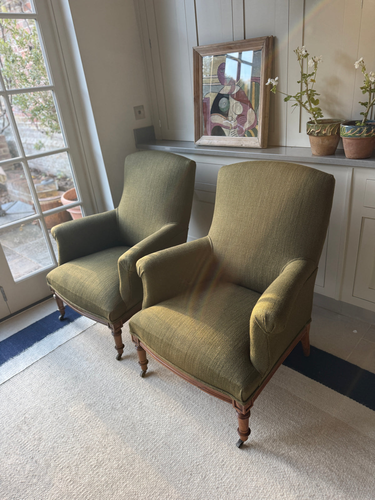 Pair of Napoleon III Armchairs in Heavy Green Linen by Rose Uniacke
