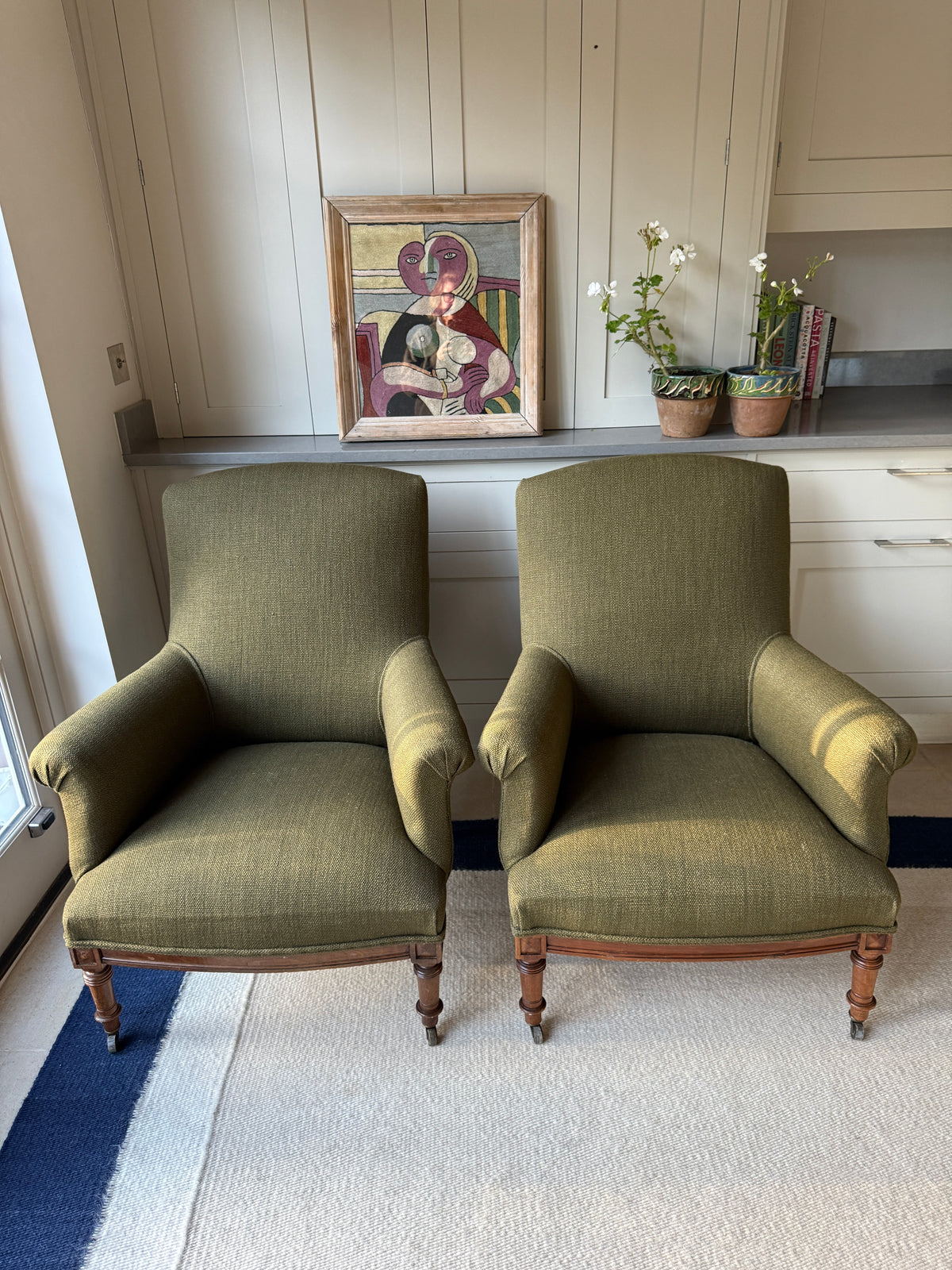 Pair of Napoleon III Armchairs in Heavy Green Linen by Rose Uniacke