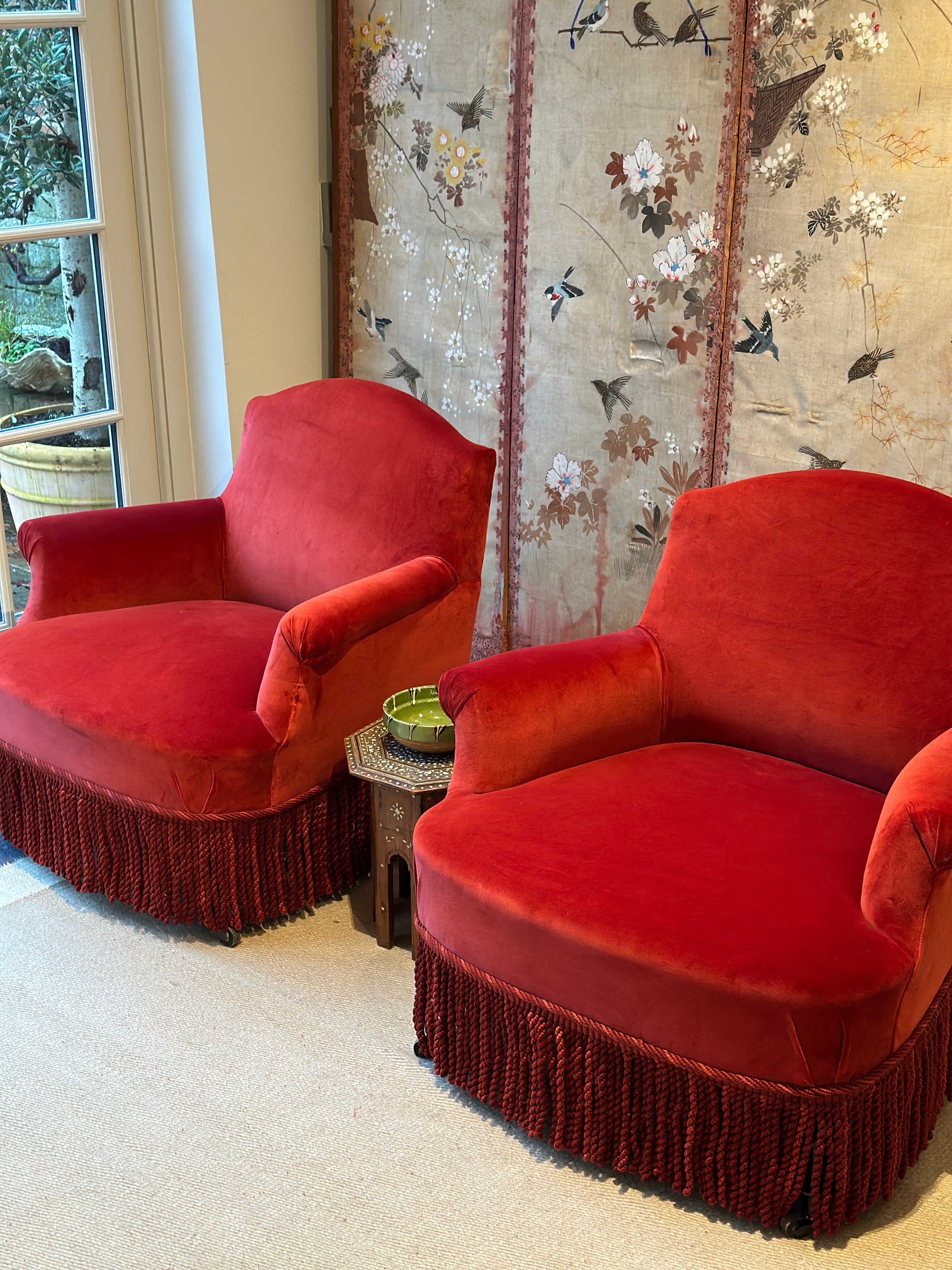 Pair of Chapeau De Gendarme Chairs in Red Velvet with Samuel & Sons Astrid Bullion Fringe