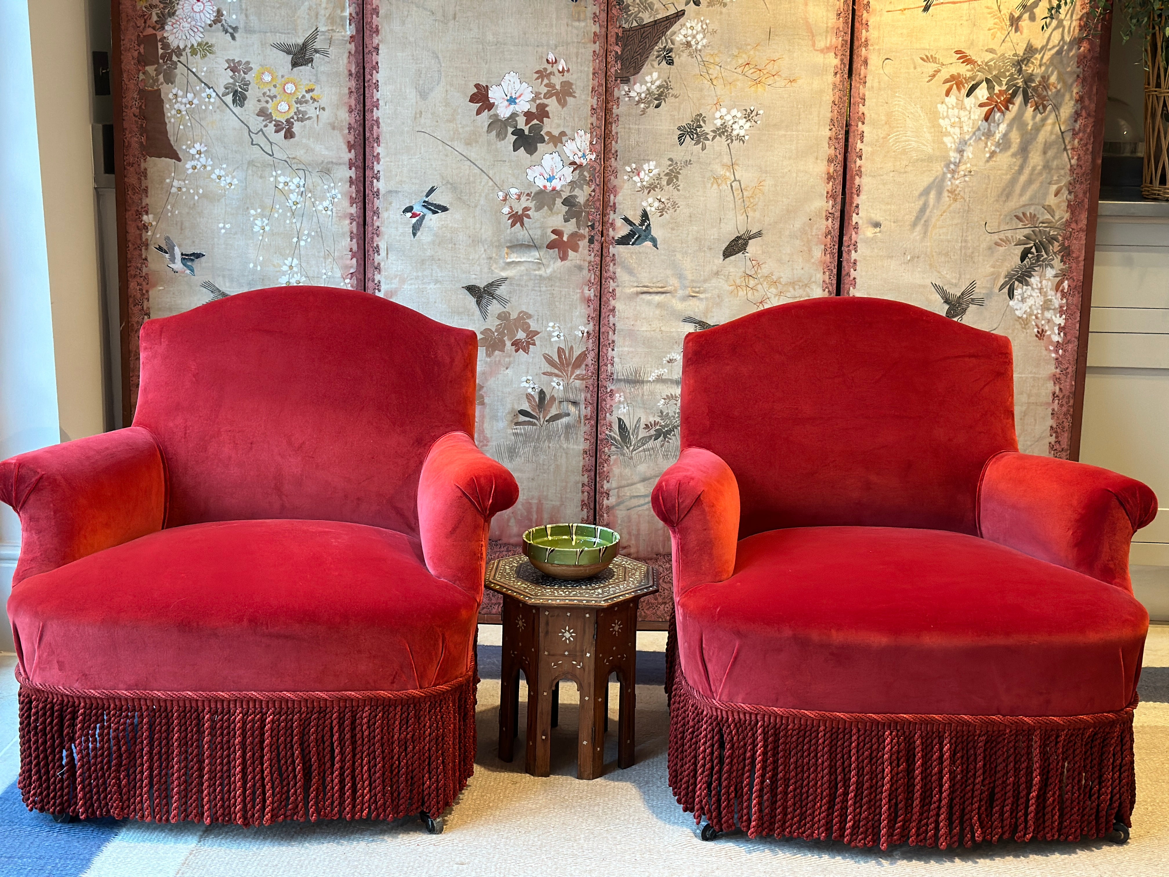 Pair of Chapeau De Gendarme Chairs in Red Velvet with Samuel & Sons Astrid Bullion Fringe