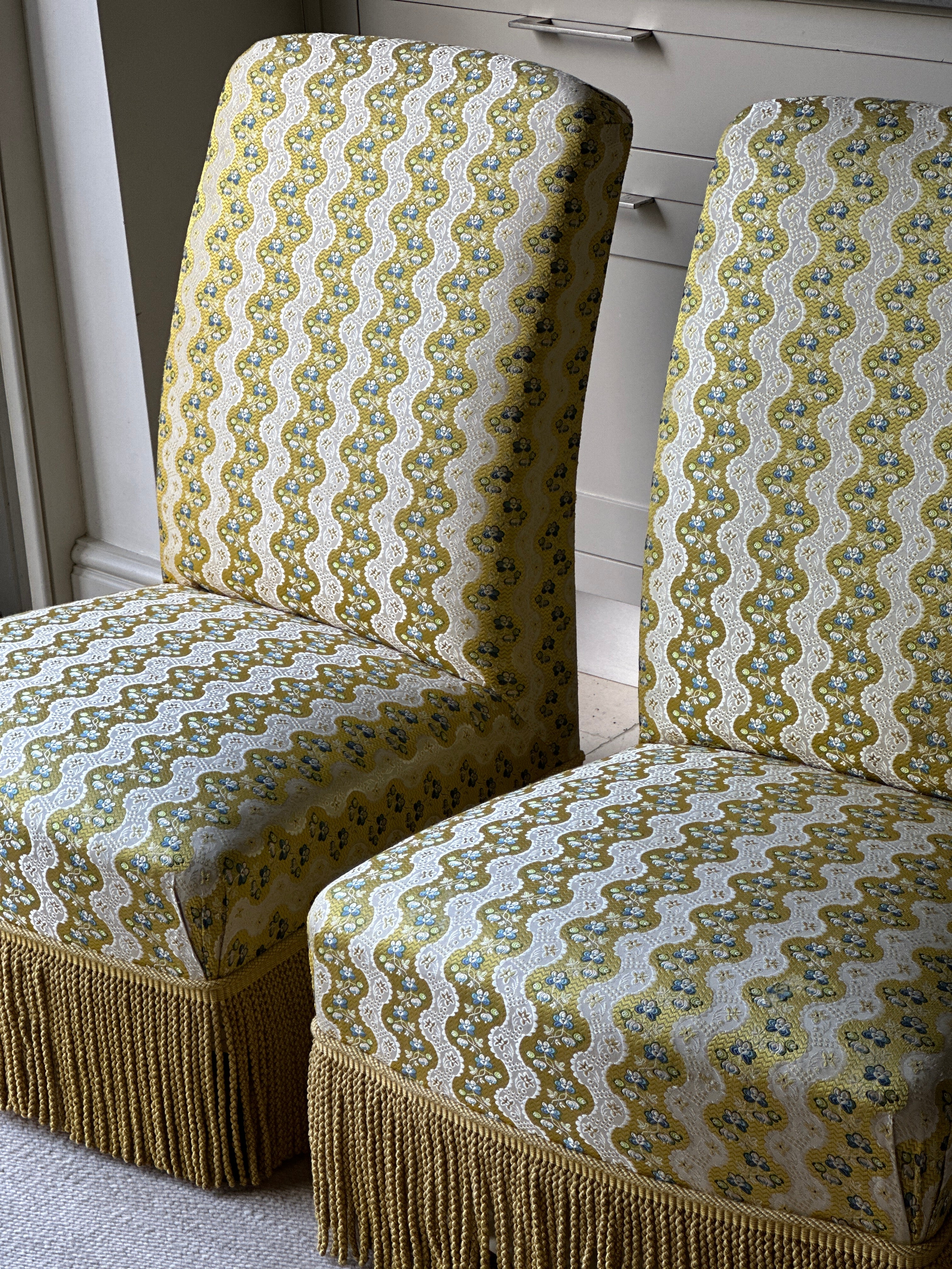 Beautiful Pair of Antique French Slipper Chairs in Exquisite Yellow Silk