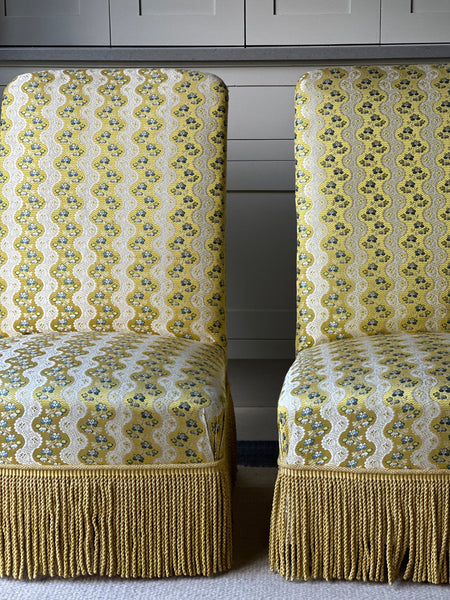 Beautiful Pair of Antique French Slipper Chairs in Exquisite Yellow Silk