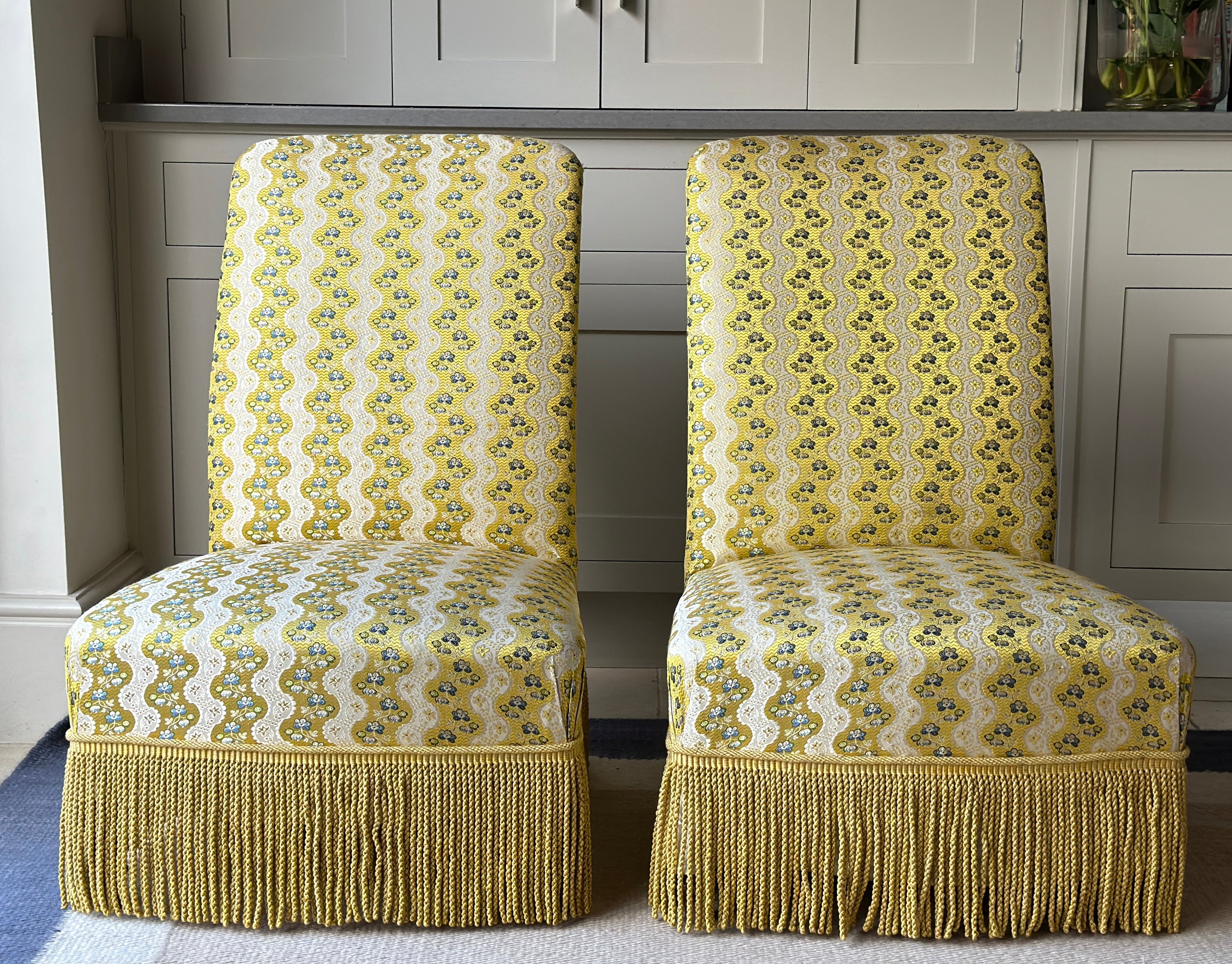 Beautiful Pair of Antique French Slipper Chairs in Exquisite Yellow Silk